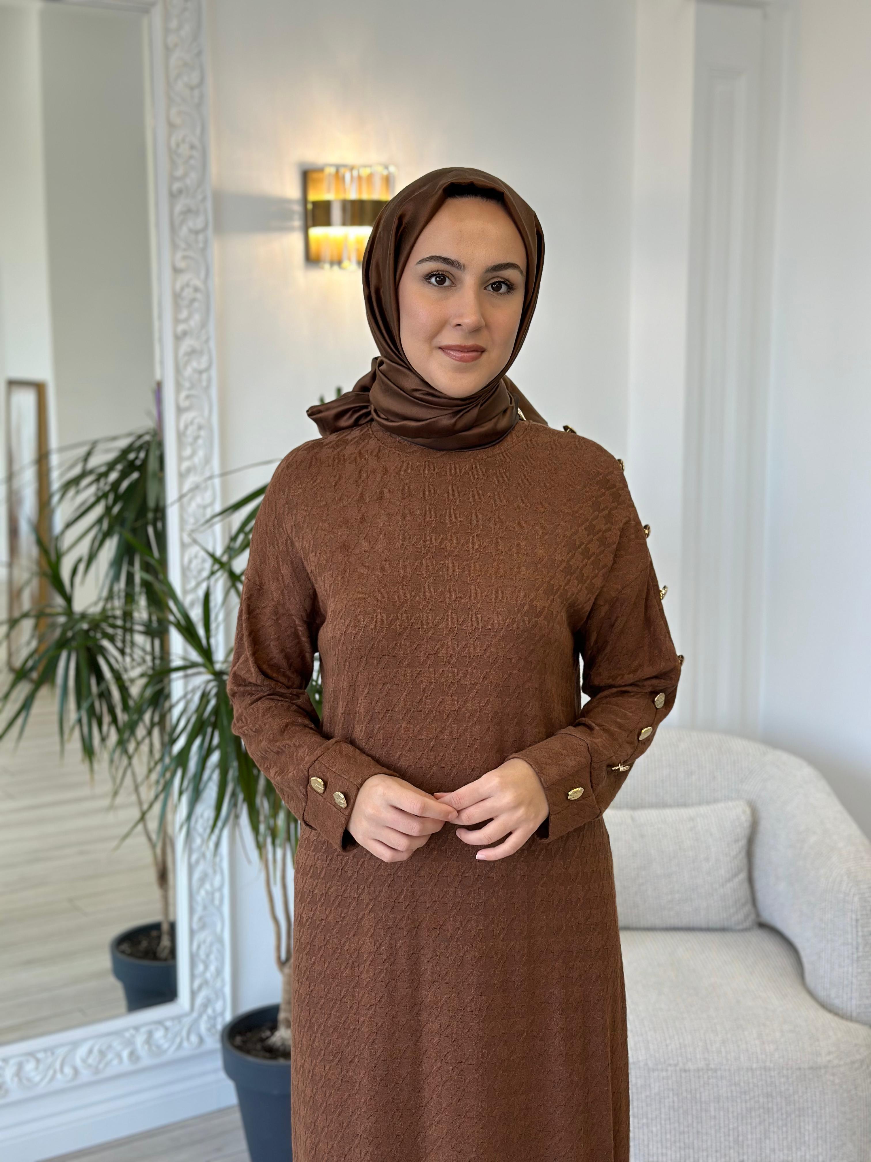 Almarwah Kare Desenli Elbise Kahverengi 303792