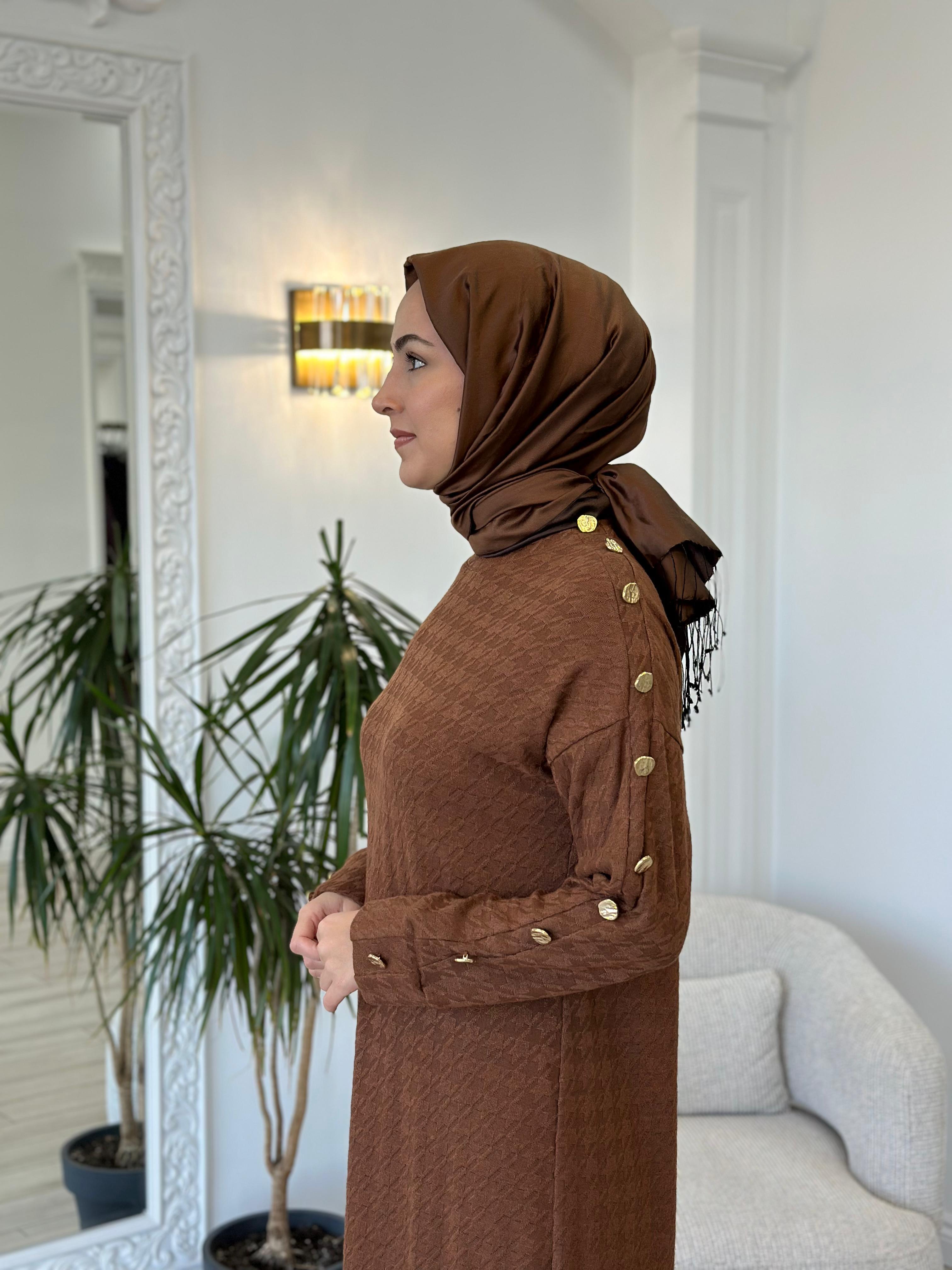 Almarwah Kare Desenli Elbise Kahverengi 303792