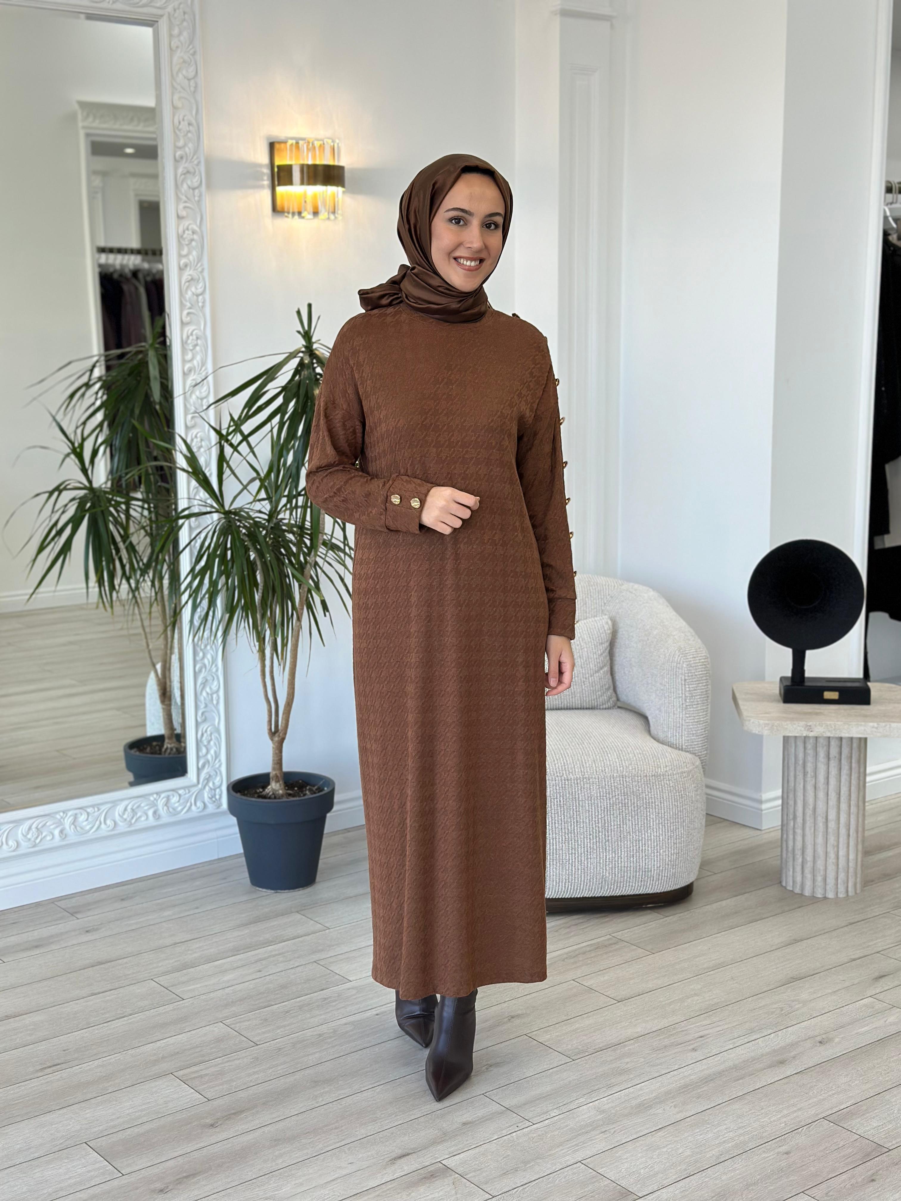 Almarwah Kare Desenli Elbise Kahverengi 303792