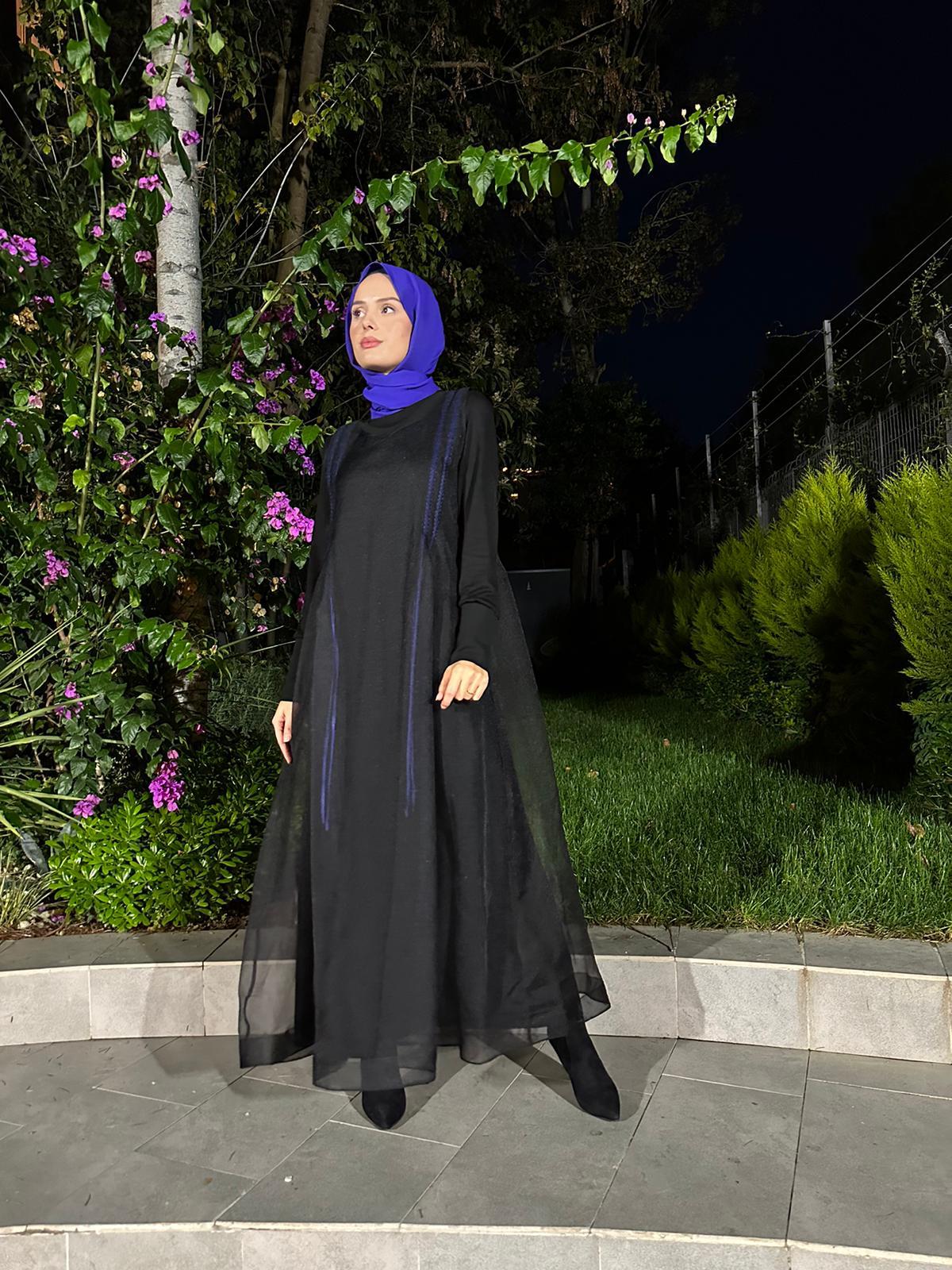 Almarwah Organze Tül Detaylı Elbise Siyah 303692