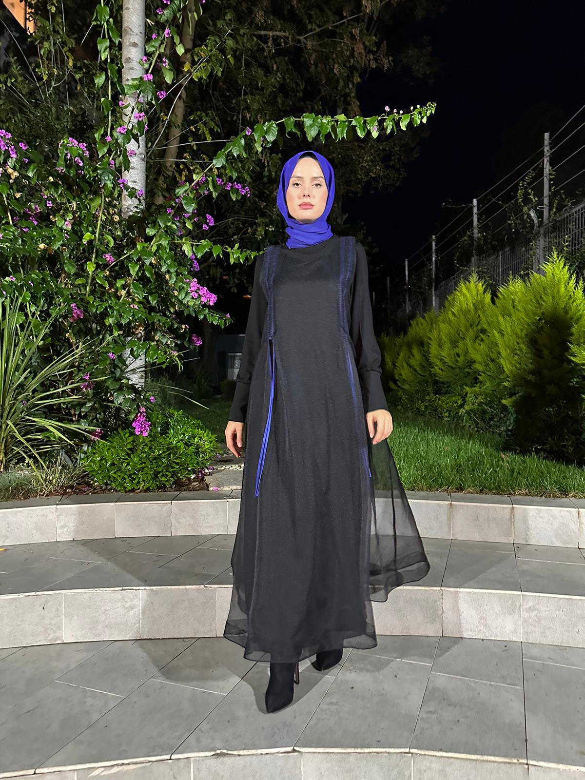 Almarwah Organze Tül Detaylı Elbise Siyah 303692