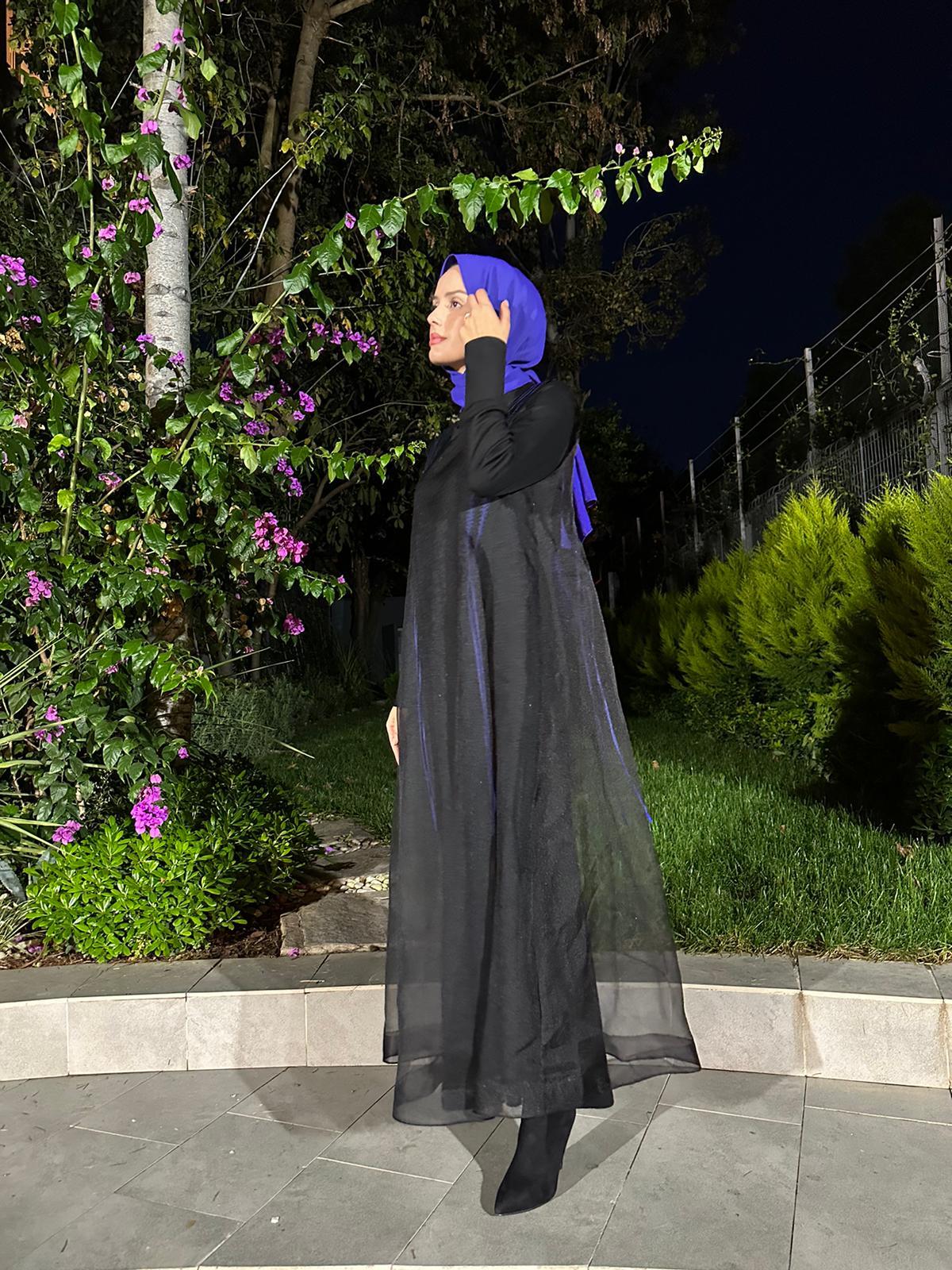 Almarwah Organze Tül Detaylı Elbise Siyah 303692