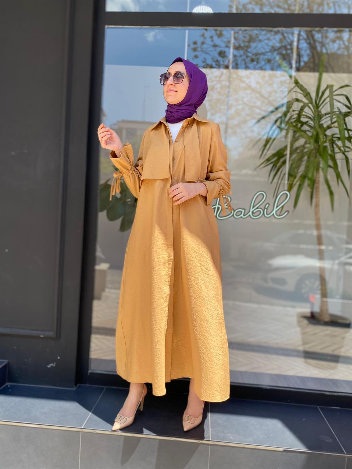 Almarwah Paraşüt Düğmeli Camel Elbise Kap  303613