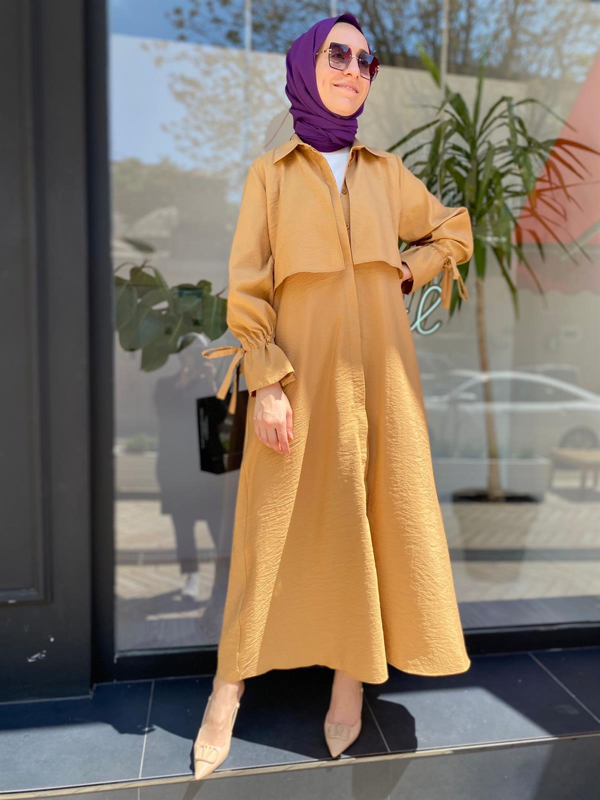 Almarwah Paraşüt Düğmeli Camel Elbise Kap  303613