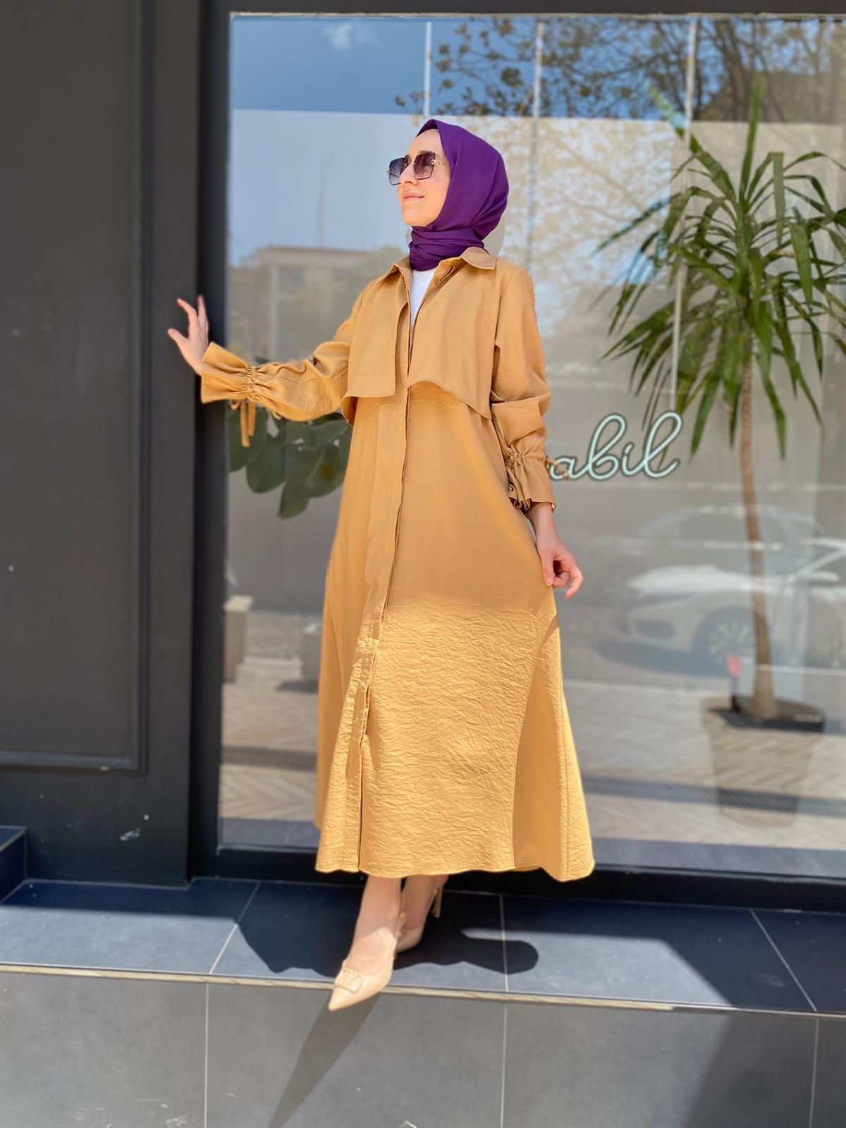 Almarwah Paraşüt Düğmeli Camel Elbise Kap  303613