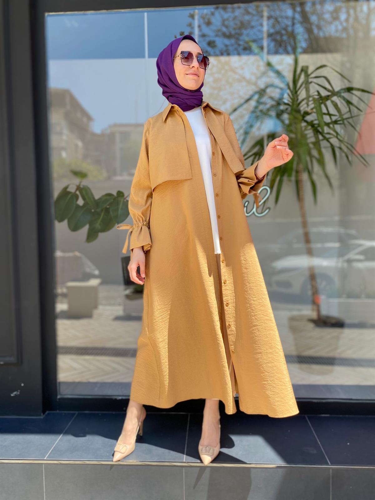 Almarwah Paraşüt Düğmeli Camel Elbise Kap  303613