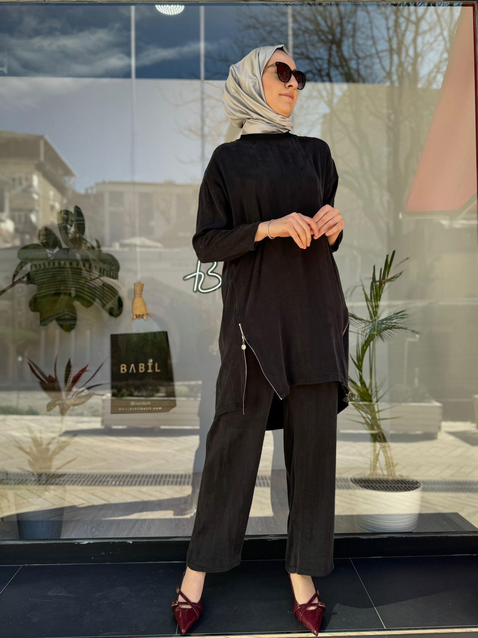 Almarwah Parlak Fermuar Detaylı Takım Siyah 202590