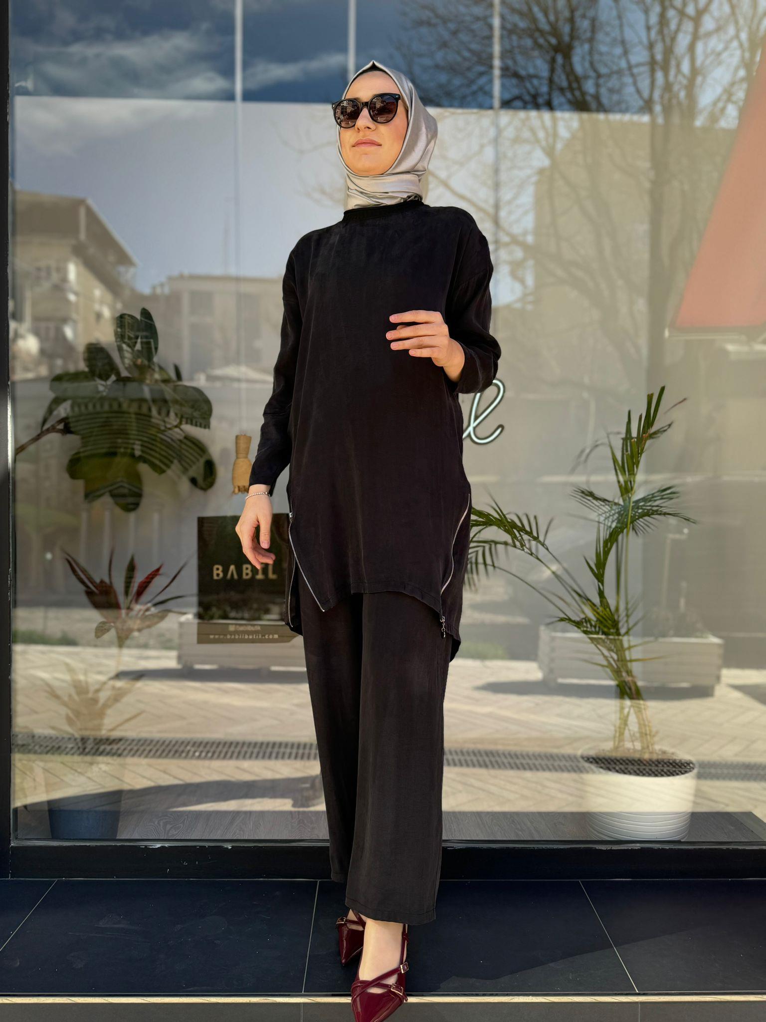 Almarwah Parlak Fermuar Detaylı Takım Siyah 202590