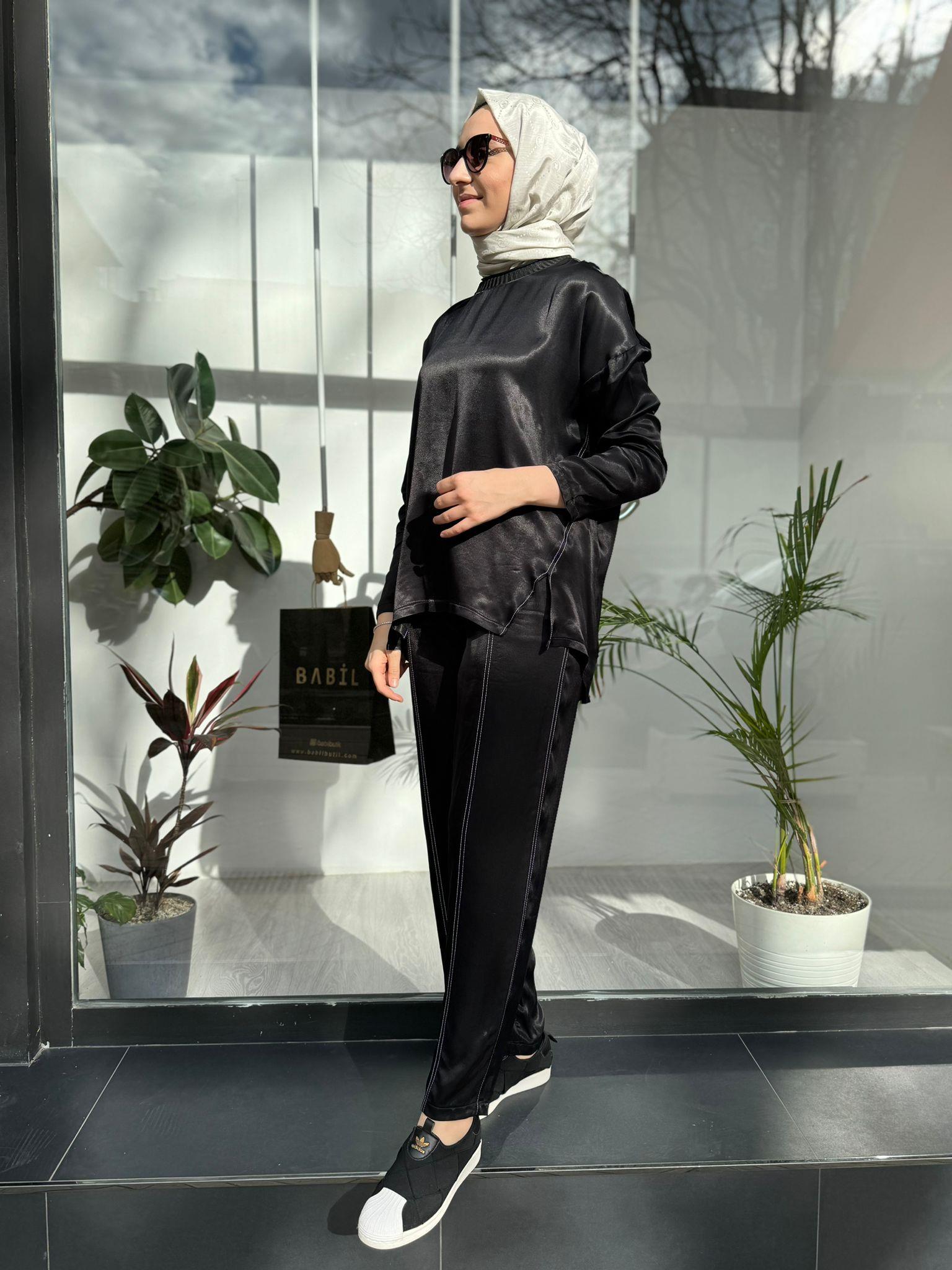 Almarwah Parlak Saten Takım Siyah 202560