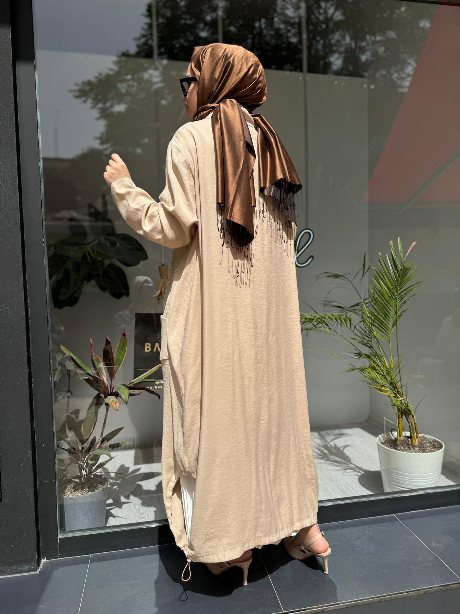 Almarwah Tam Boy Cep Detay Düğmeli Kap Bej 50837
