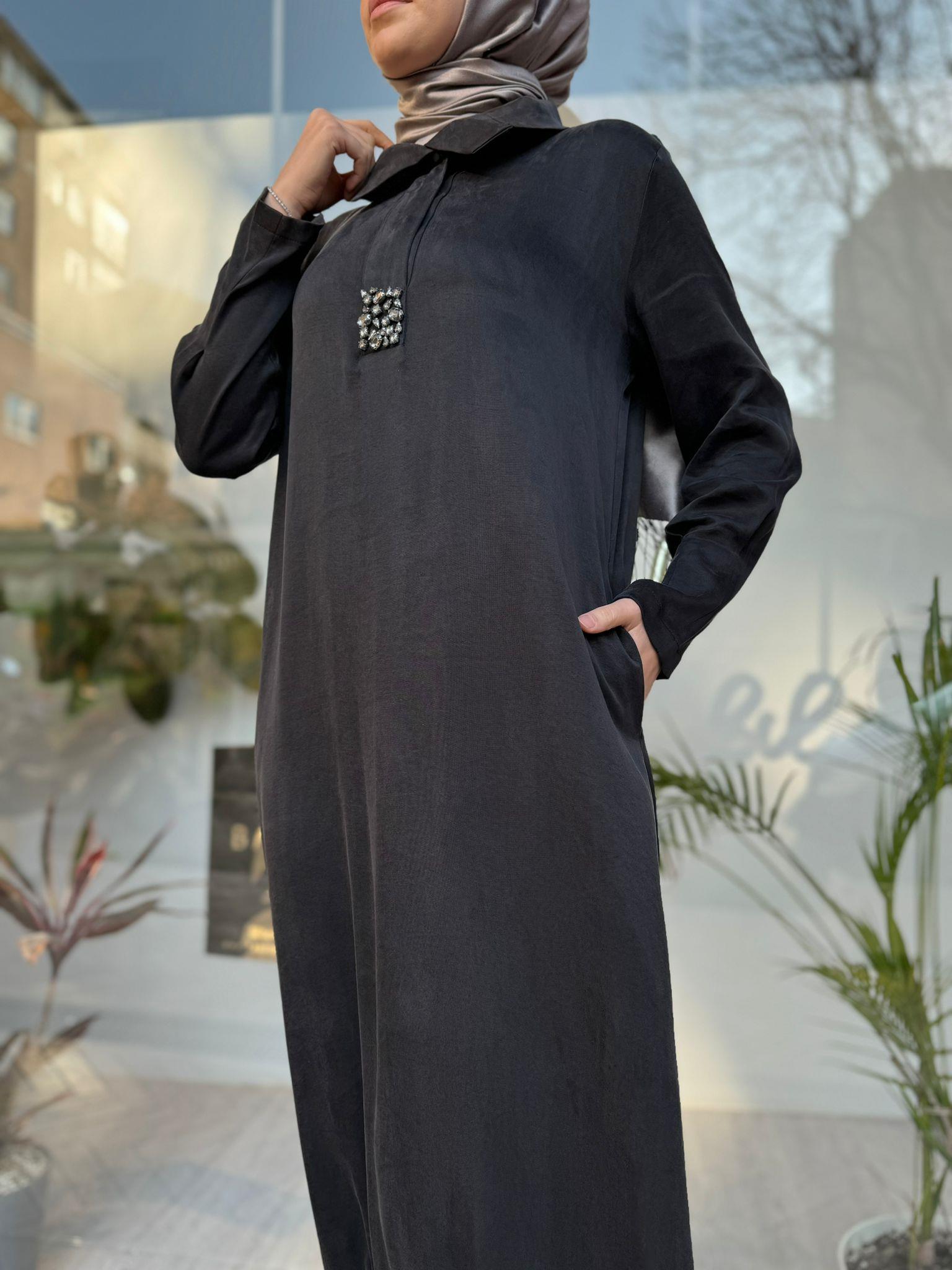 Almarwah Taş Detaylı Cupra Elbise Siyah 303733