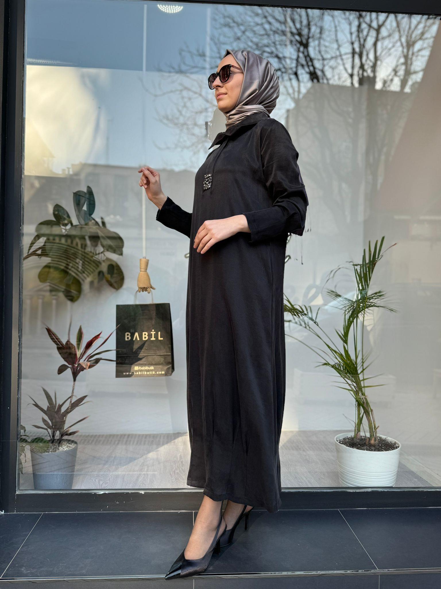 Almarwah Taş Detaylı Cupra Elbise Siyah 303733