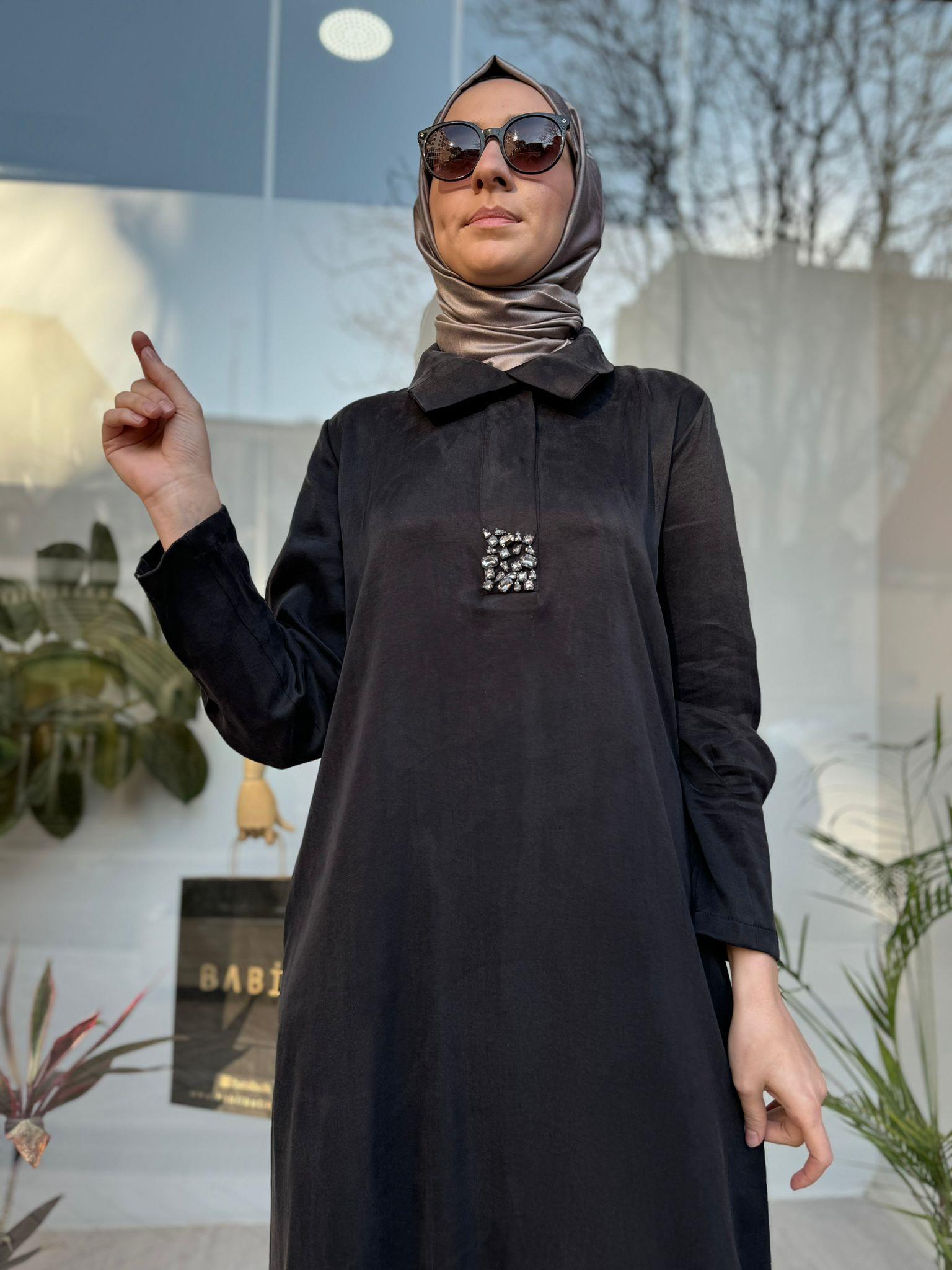 Almarwah Taş Detaylı Cupra Elbise Siyah 303733