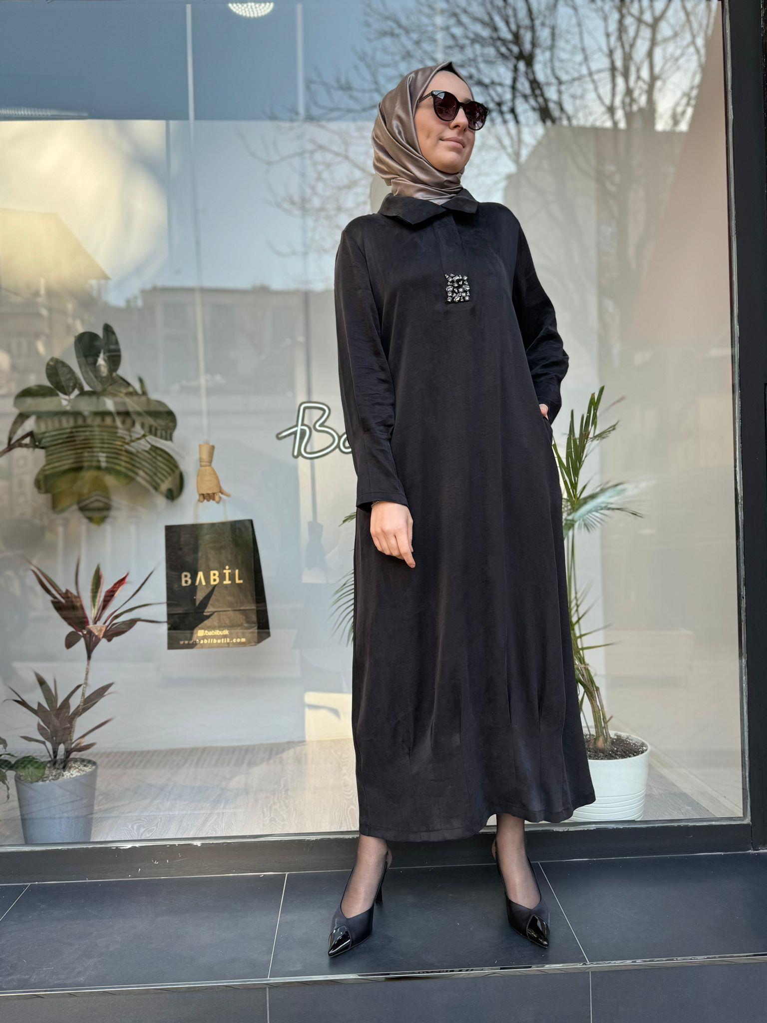 Almarwah Taş Detaylı Cupra Elbise Siyah 303733