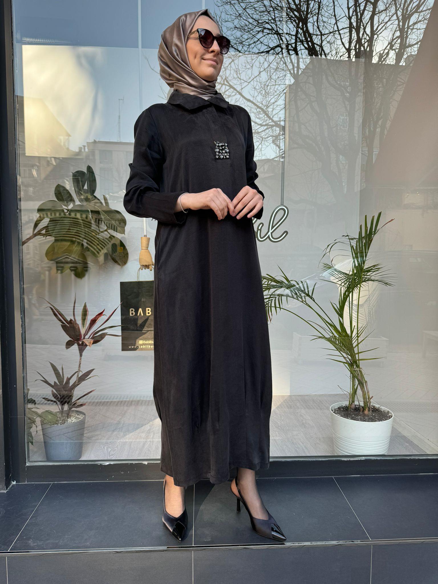 Almarwah Taş Detaylı Cupra Elbise Siyah 303733