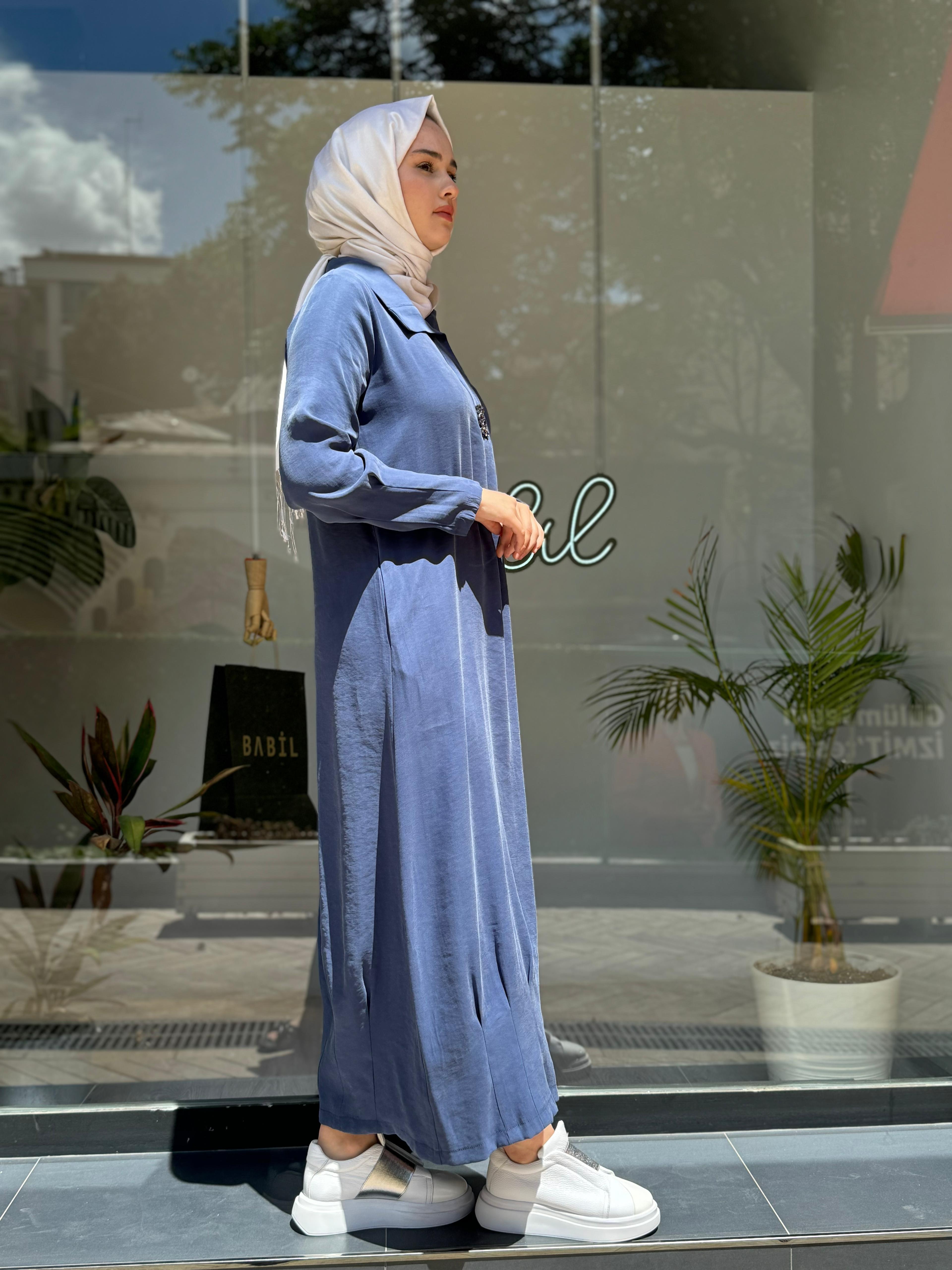 Almarwah Taş Detaylı Tensel Elbise İndigo 303760