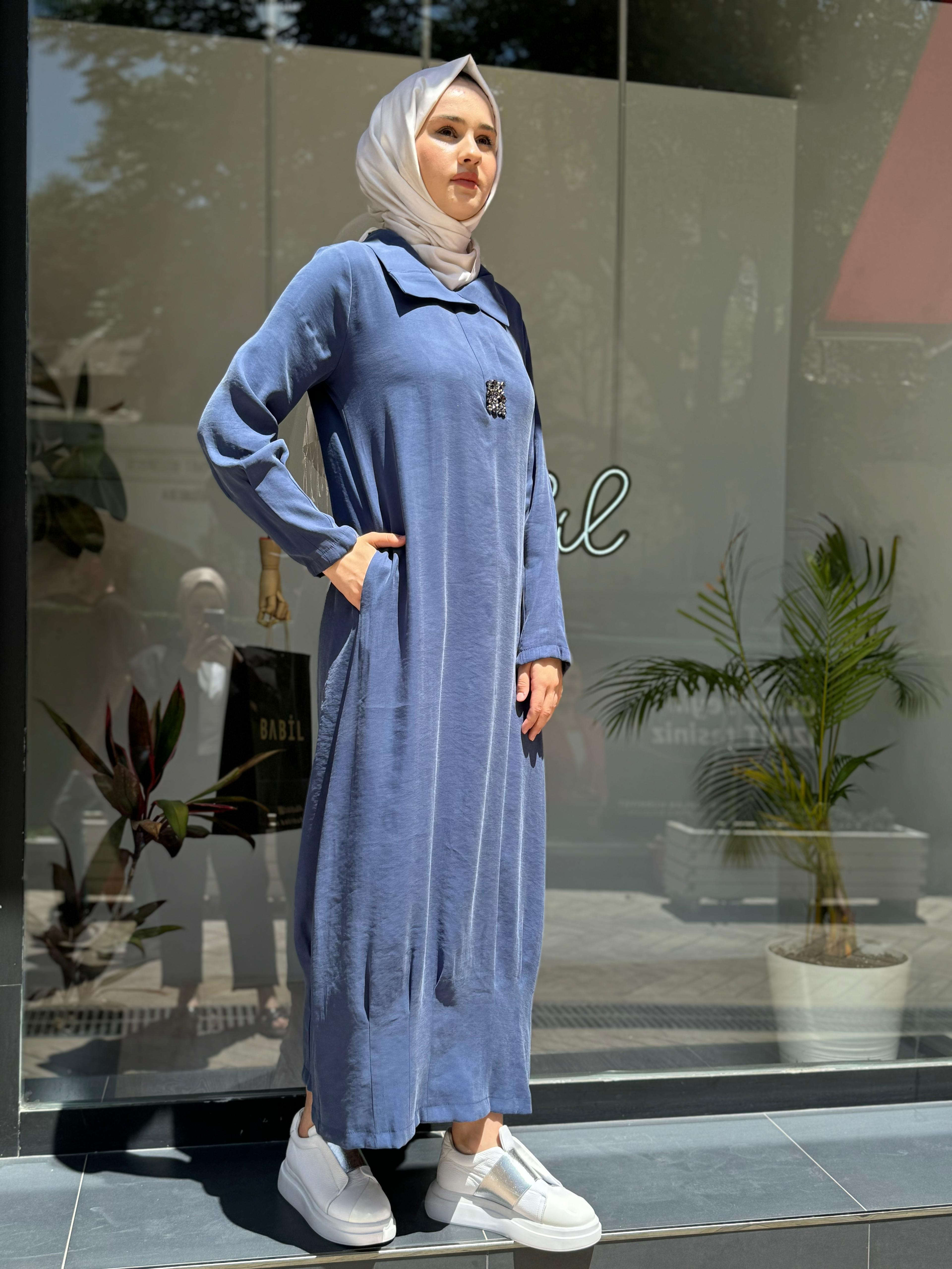 Almarwah Taş Detaylı Tensel Elbise İndigo 303760