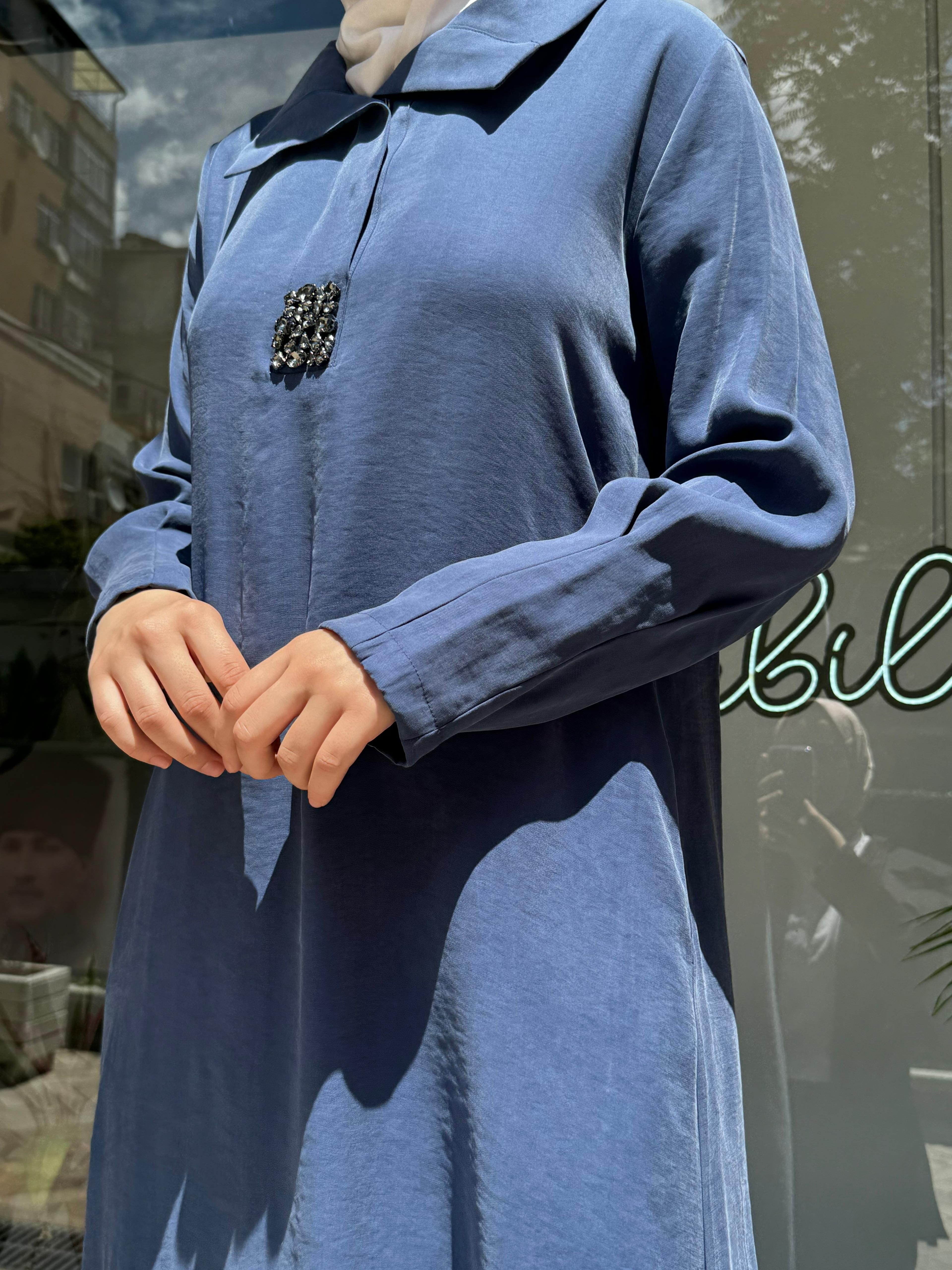 Almarwah Taş Detaylı Tensel Elbise İndigo 303760