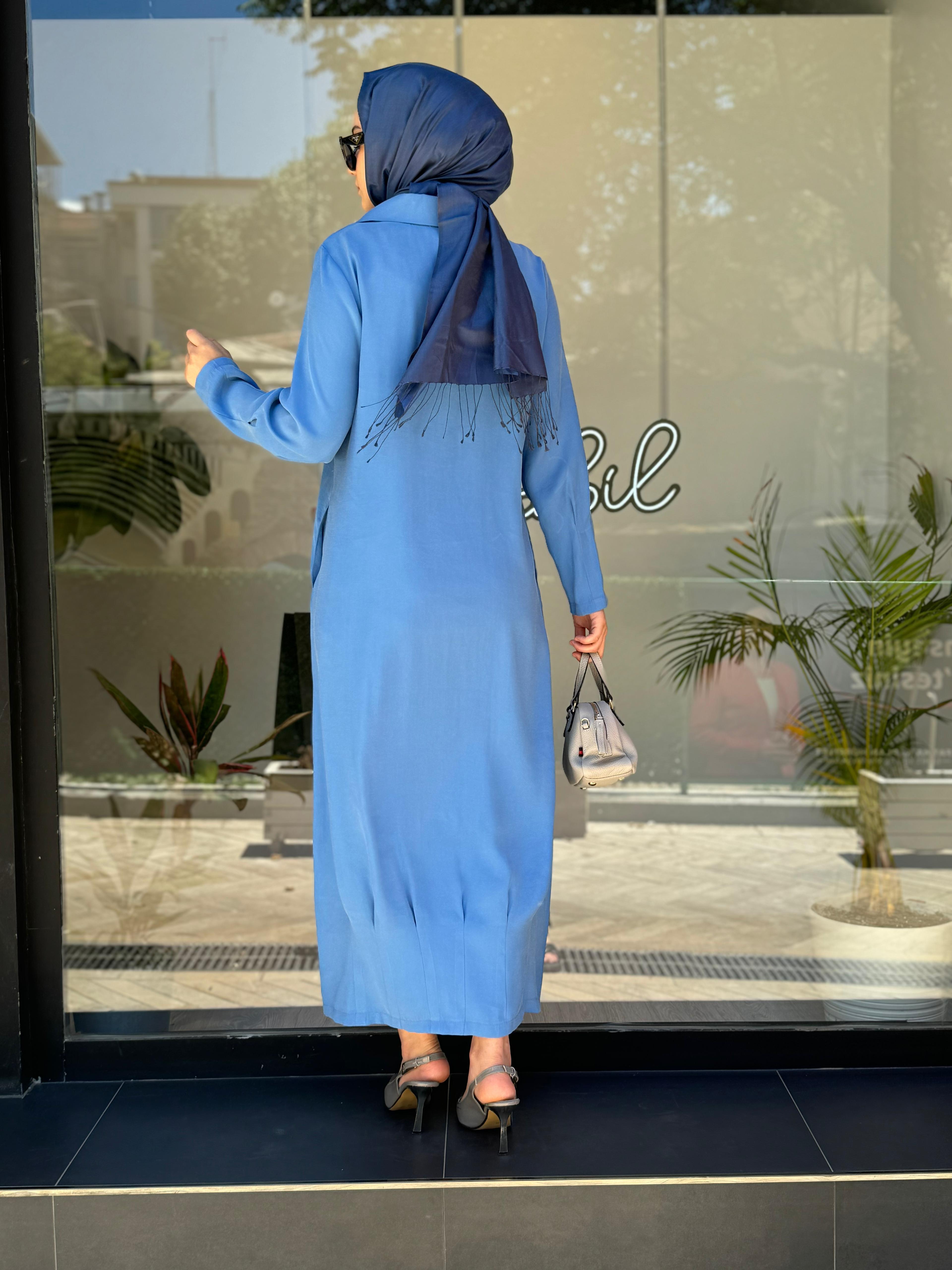 Almarwah Taş Detaylı Tensel Elbise Mavi 303760