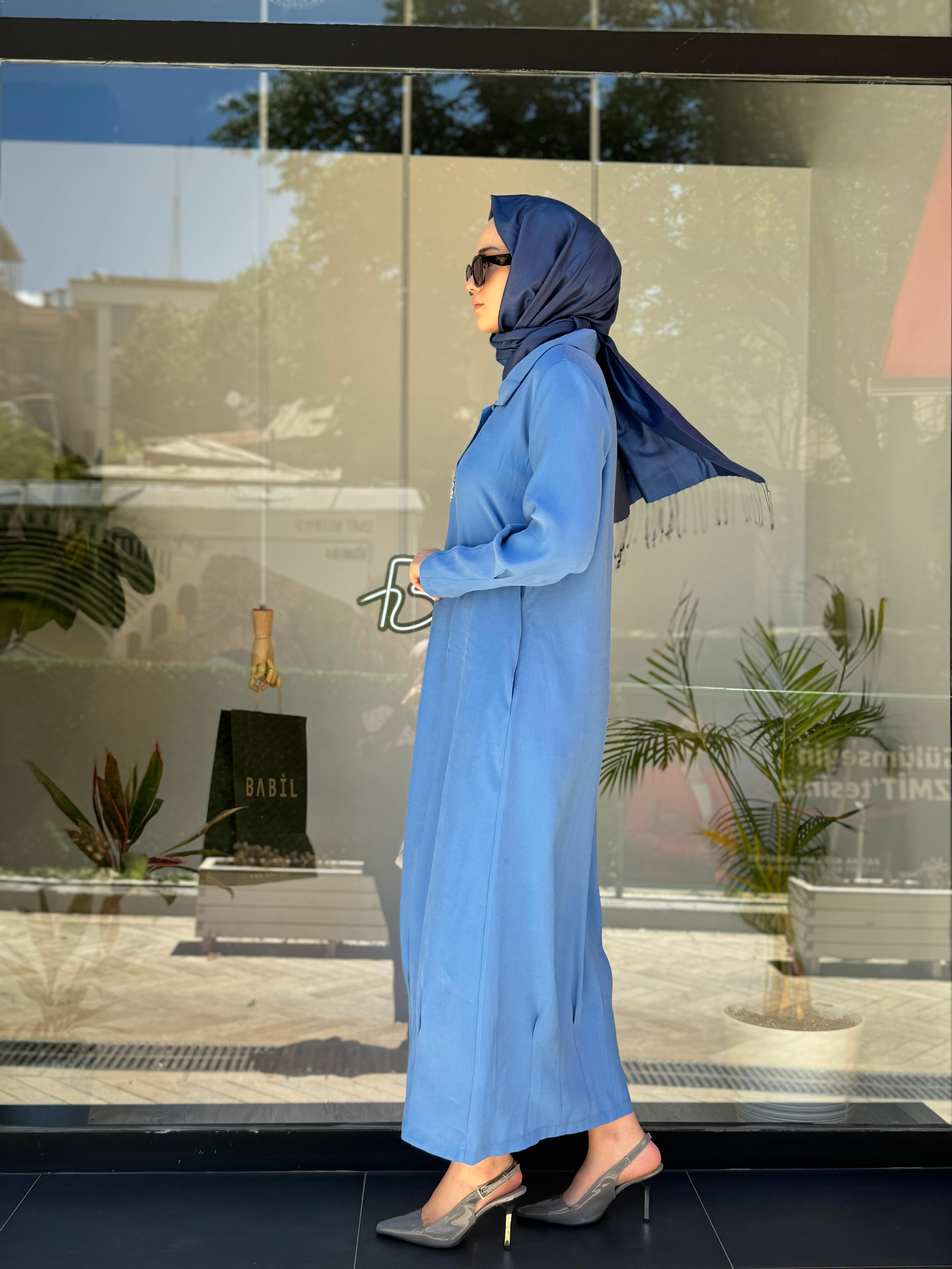 Almarwah Taş Detaylı Tensel Elbise Mavi 303760