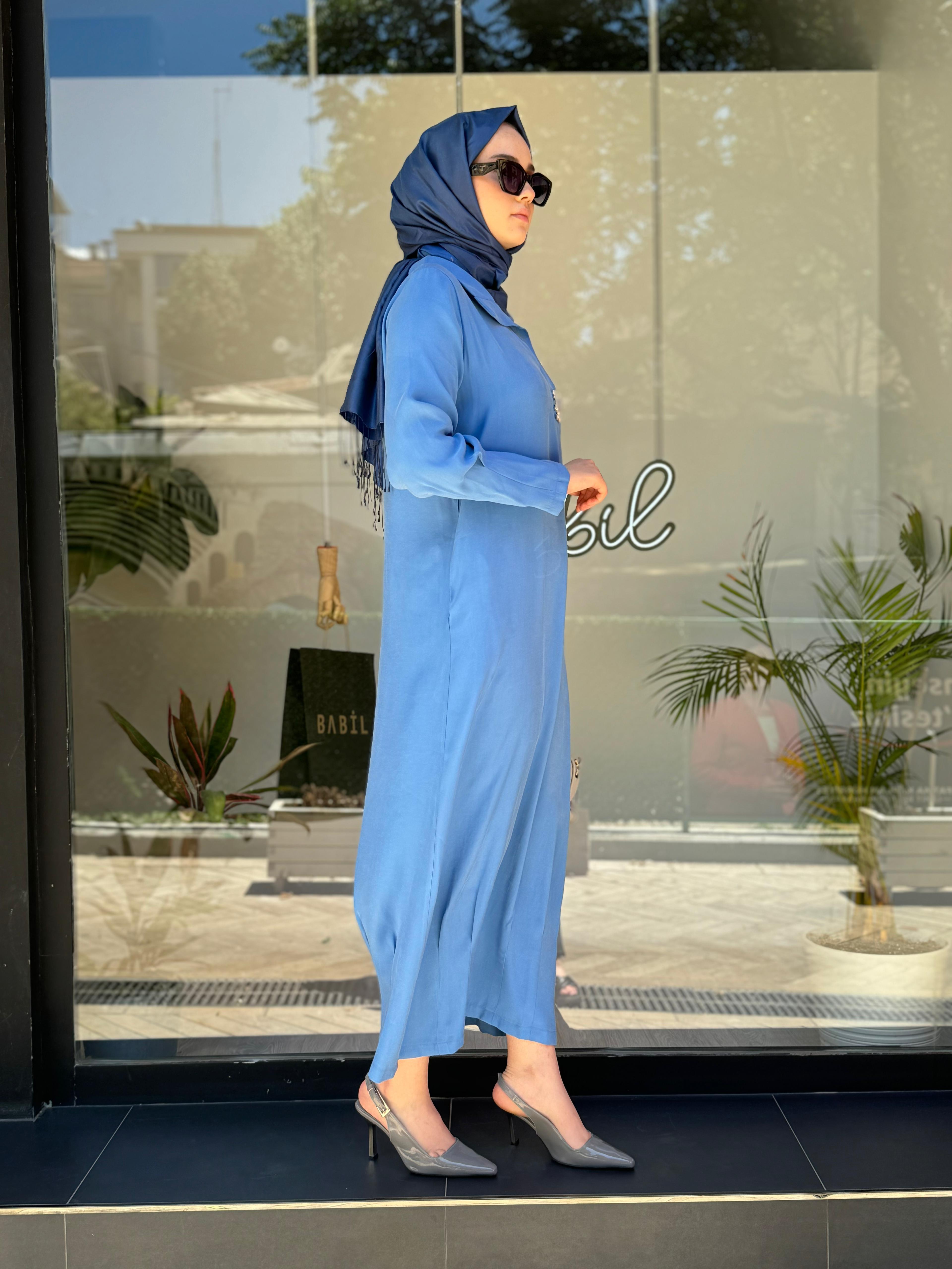 Almarwah Taş Detaylı Tensel Elbise Mavi 303760