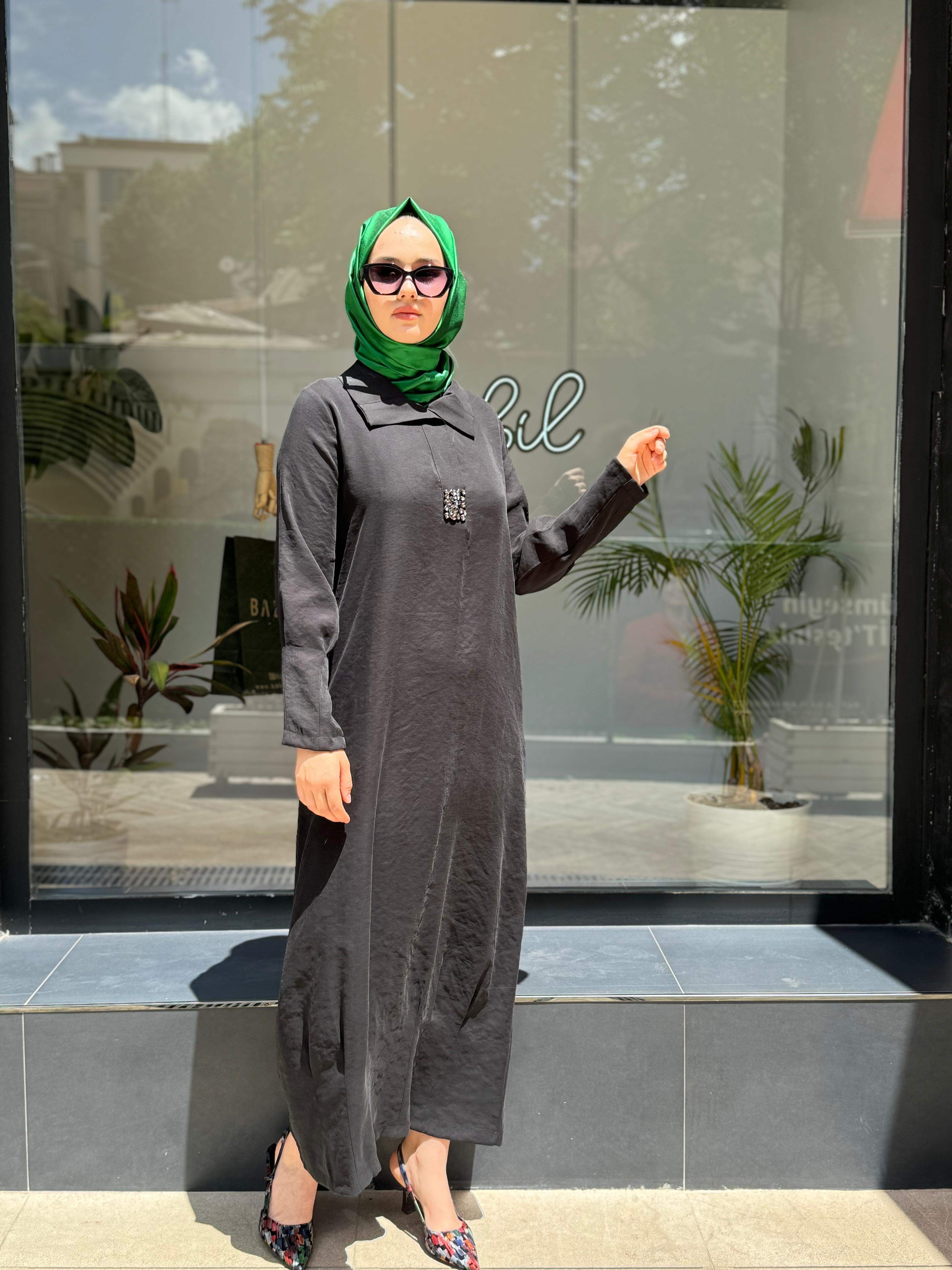 Almarwah Taş Detaylı Tensel Elbise Siyah 303760