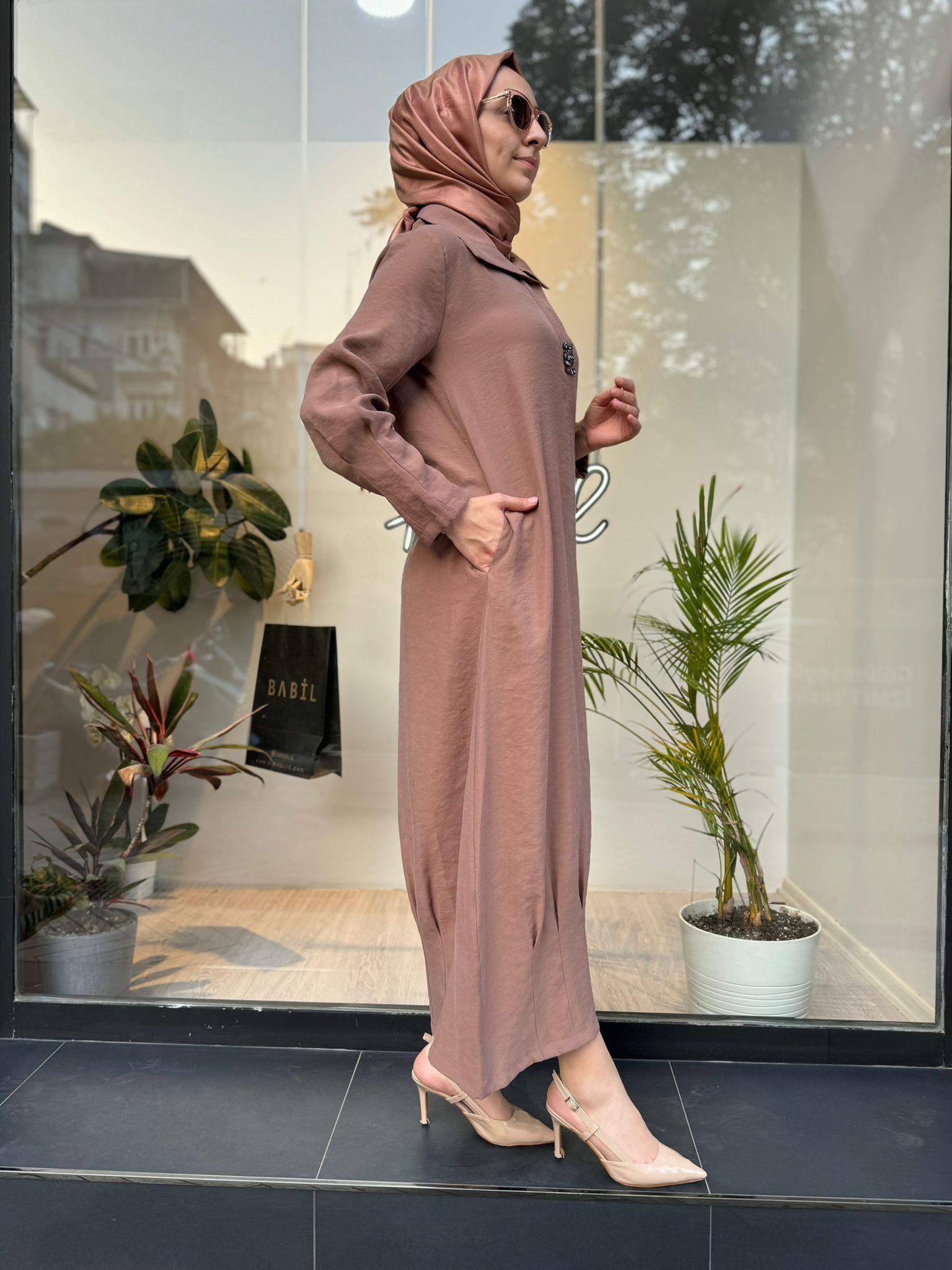 Almarwah Taşlı Elbise Açık Kahve 303760