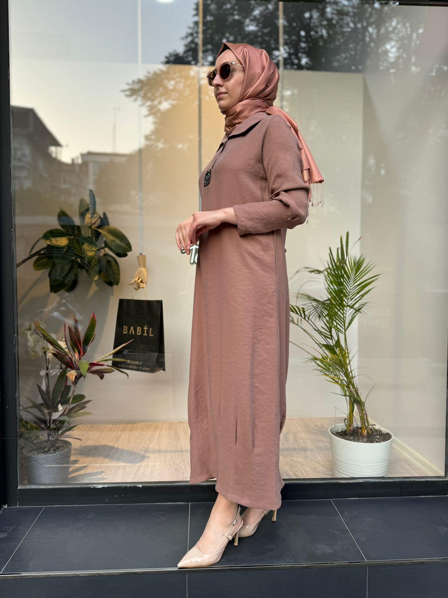 Almarwah Taşlı Elbise Açık Kahve 303760