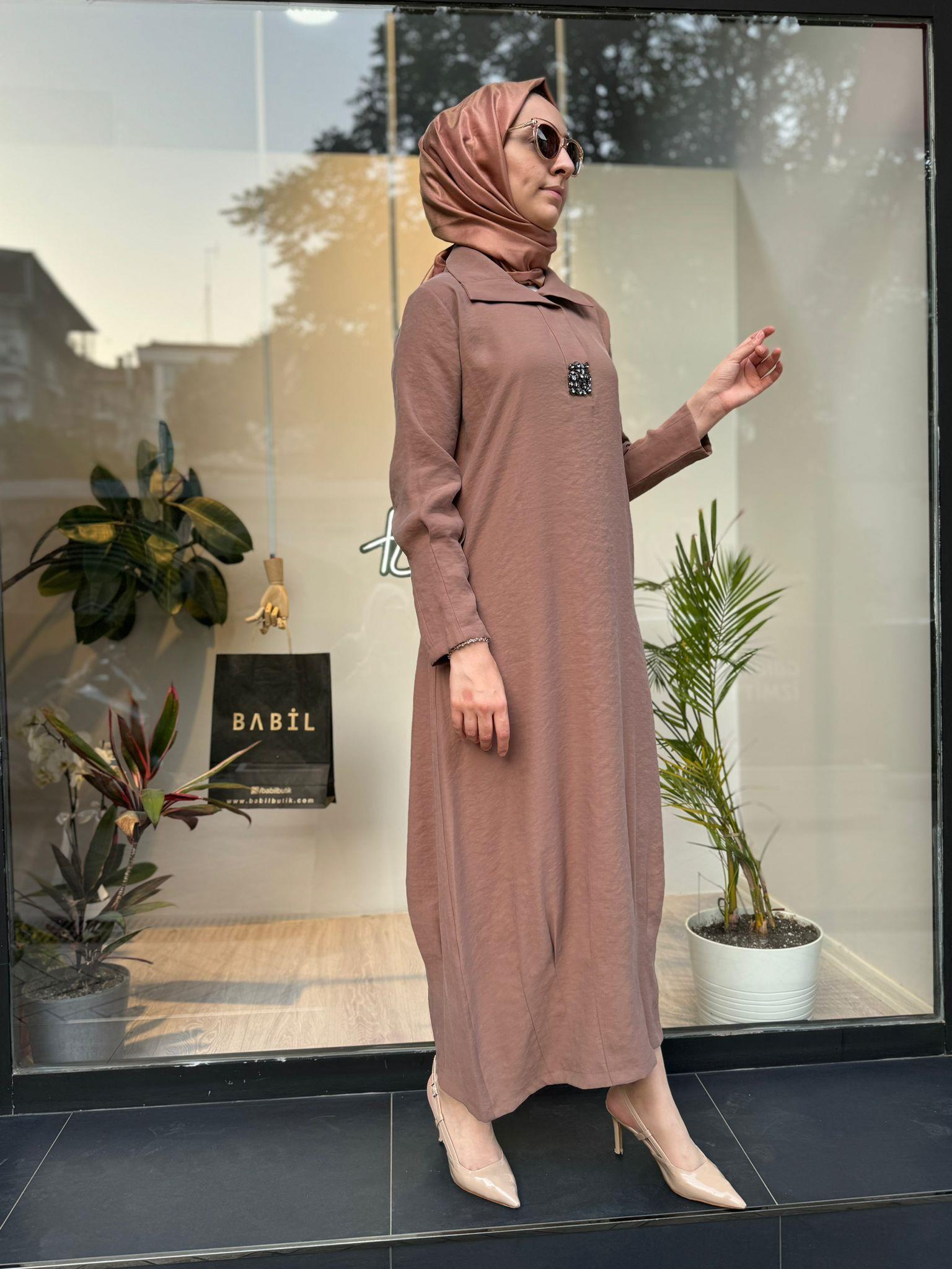Almarwah Taşlı Elbise Açık Kahve 303760
