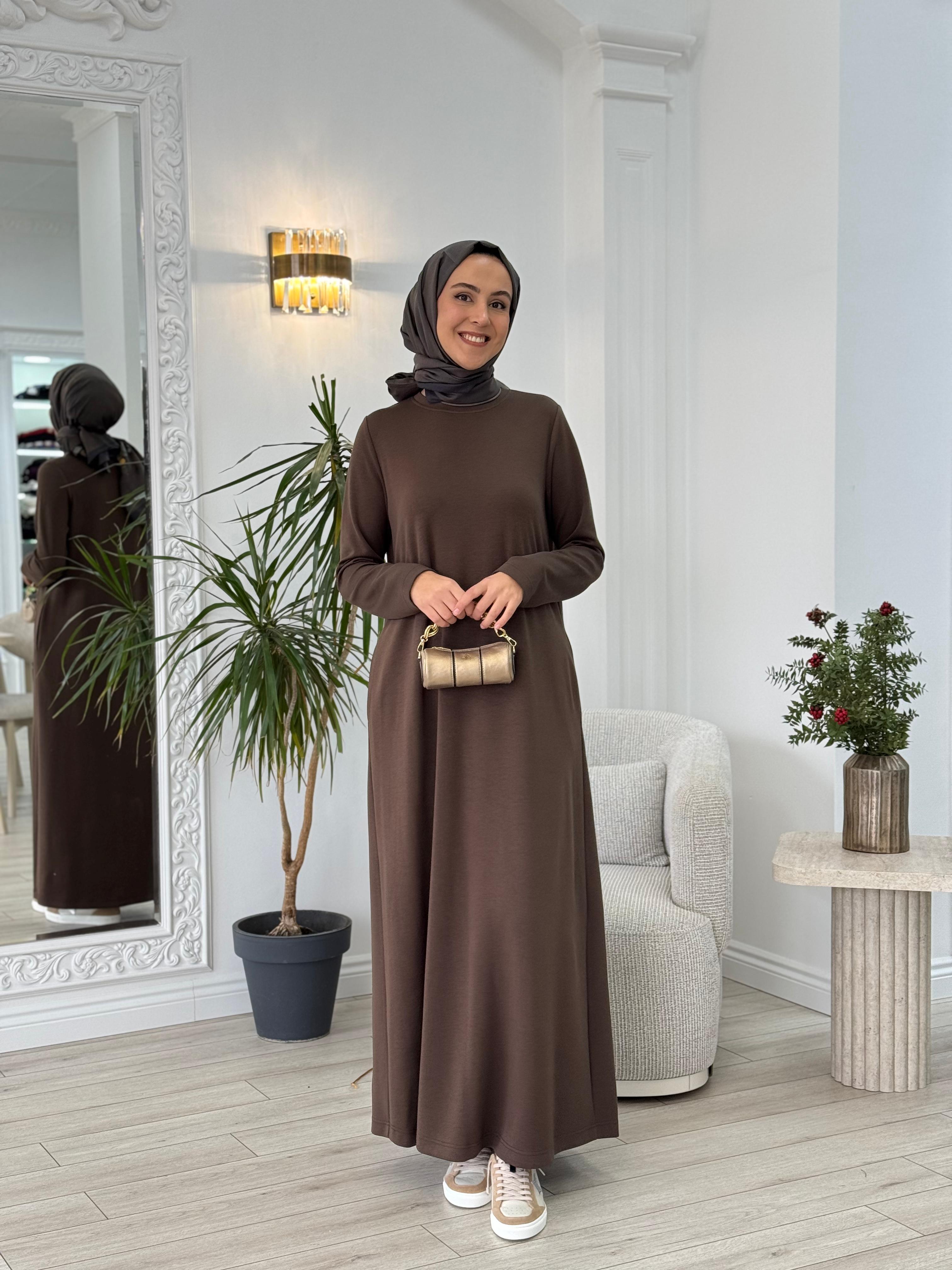 Almarwah Yandan Cep Detaylı Kahverengi Elbise 303796