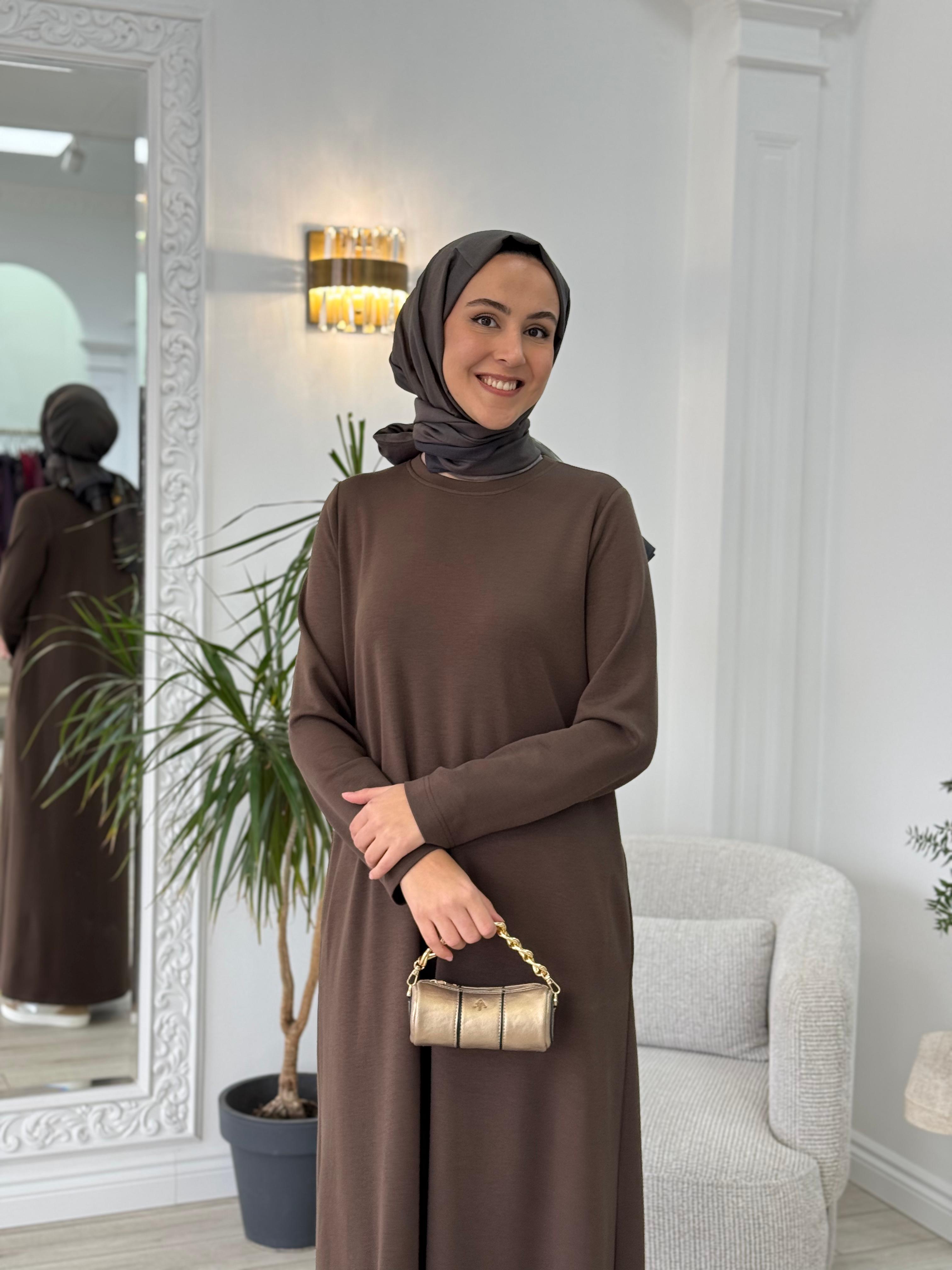 Almarwah Yandan Cep Detaylı Kahverengi Elbise 303796