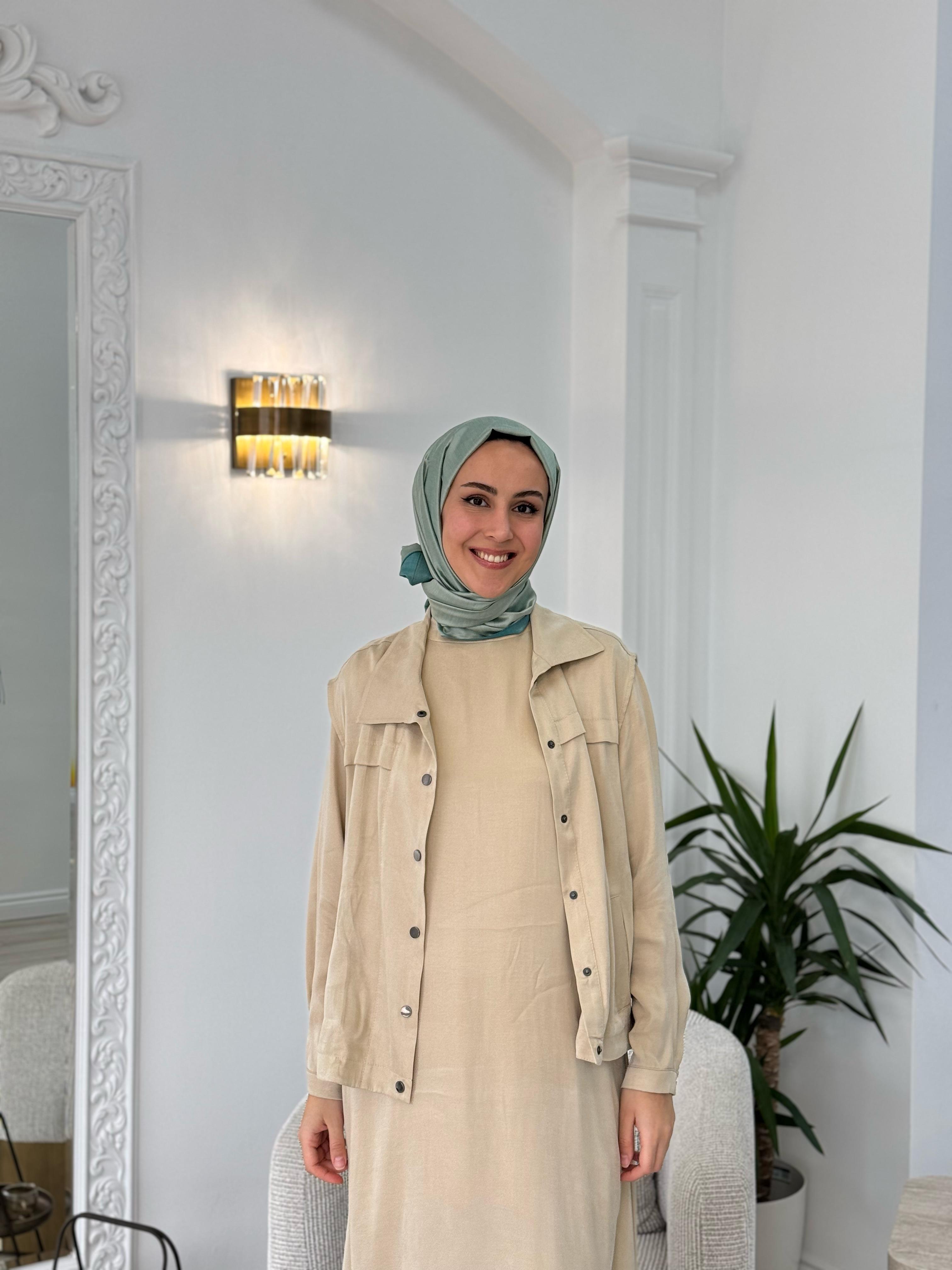 Almarwah Yelekli Cupra Elbise Bej 202781-1