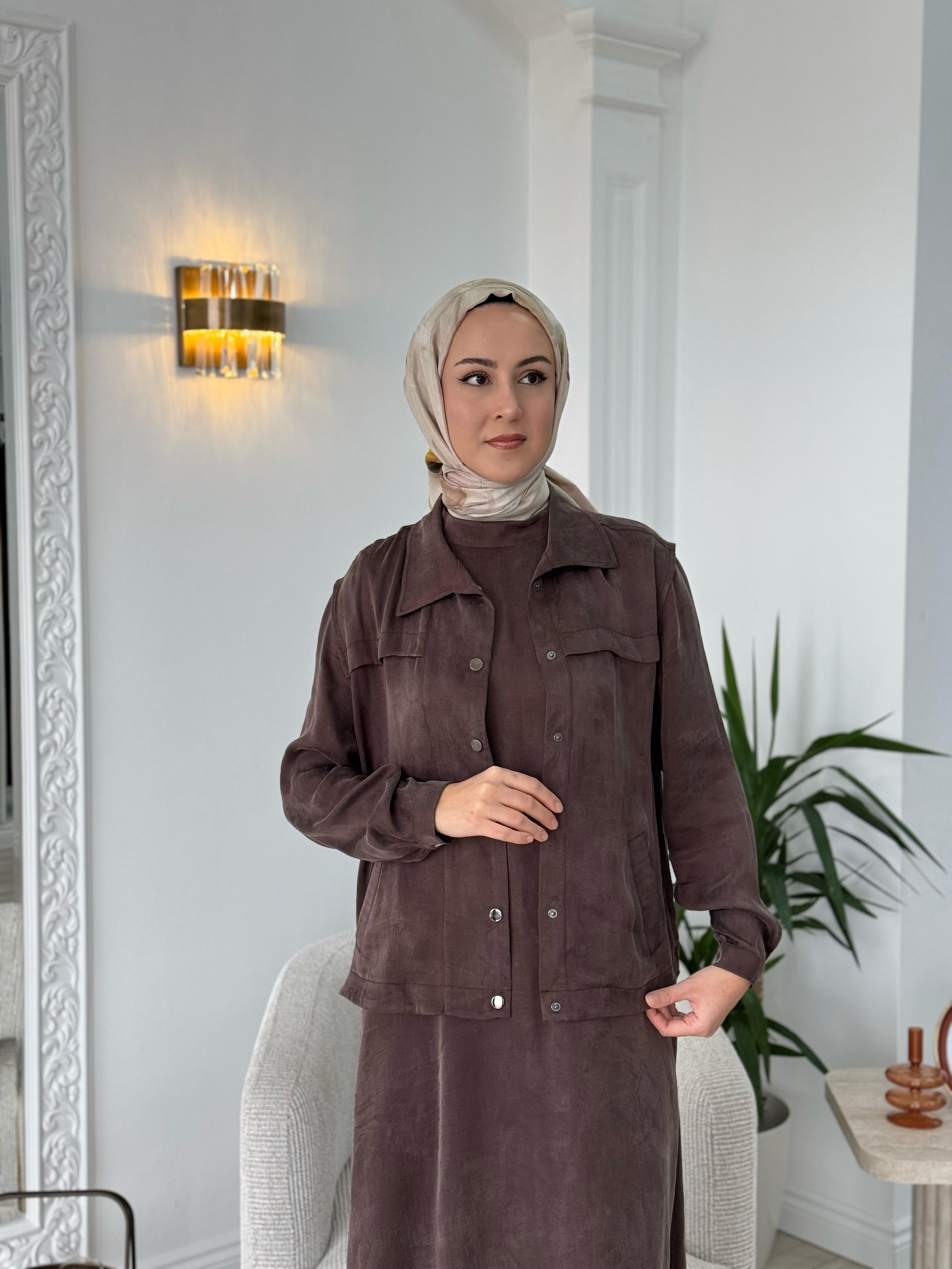 Almarwah Yelekli Cupra Elbise Kahverengi 202781-1