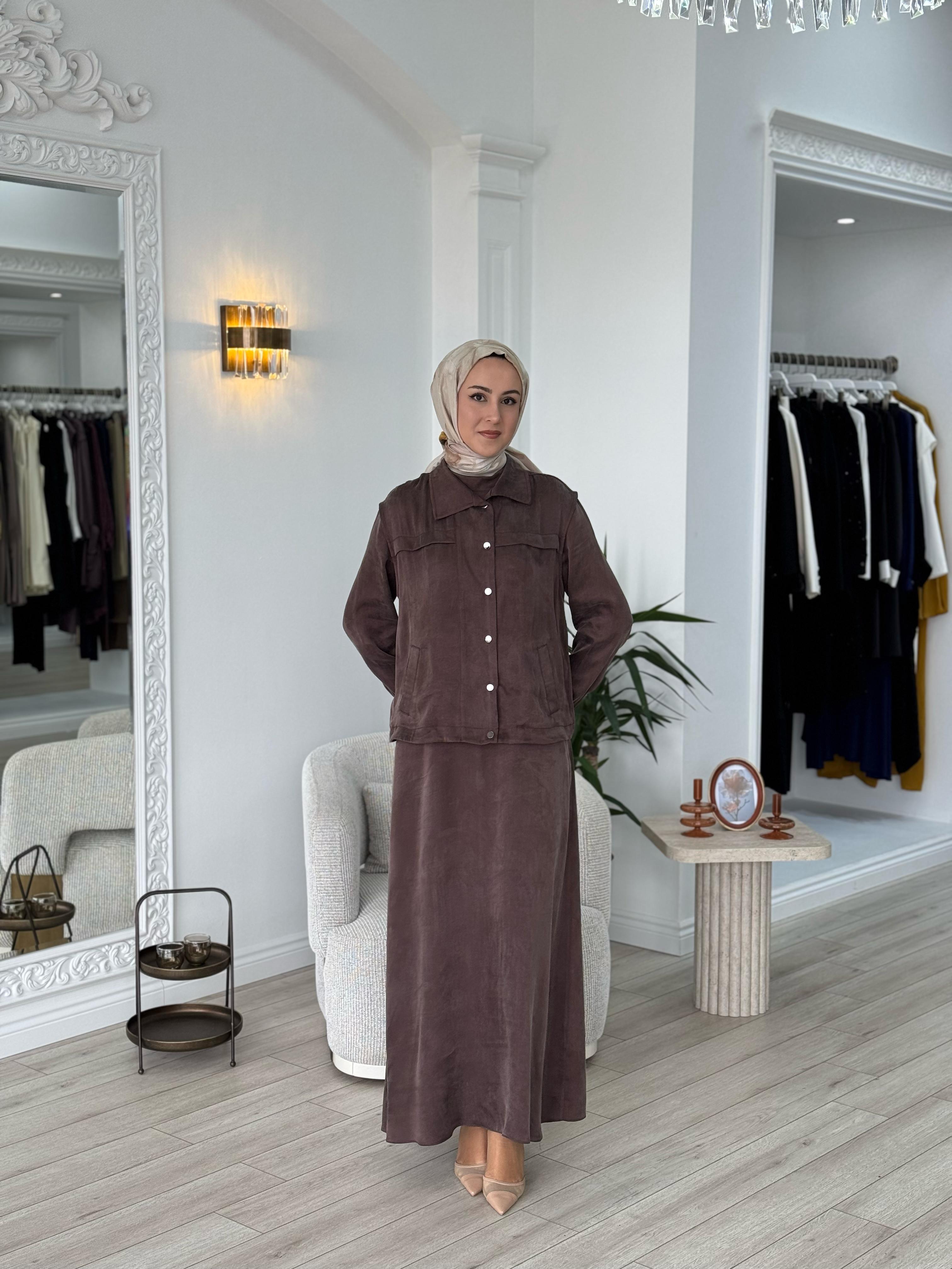 Almarwah Yelekli Cupra Elbise Kahverengi 202781-1