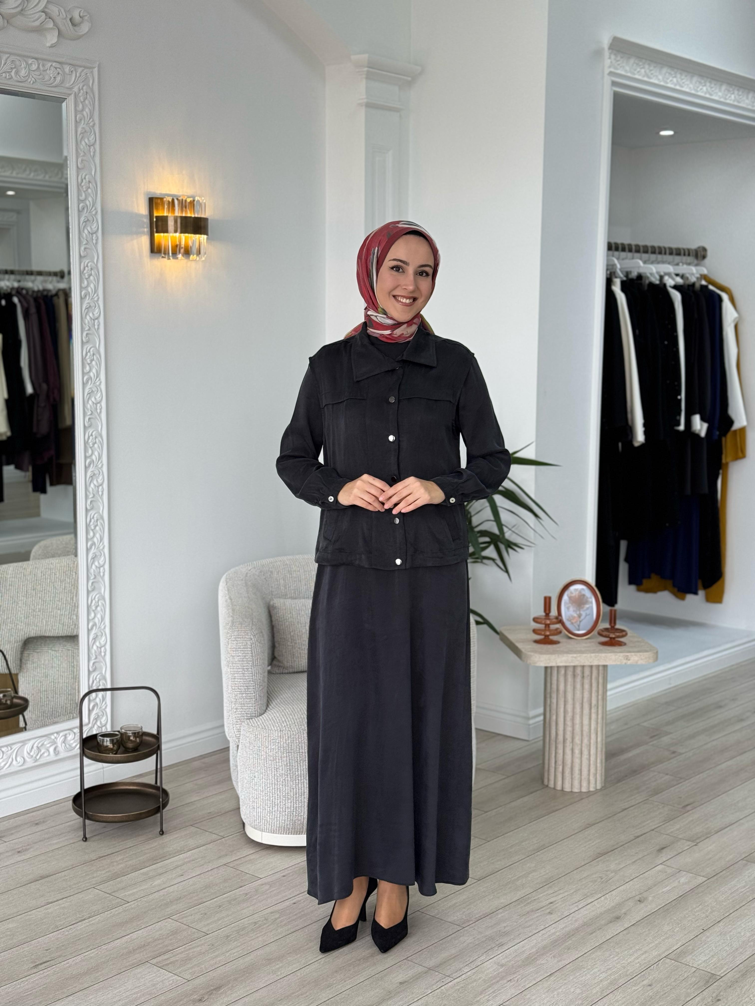 Almarwah Yelekli Cupra Elbise Siyah 202781-1
