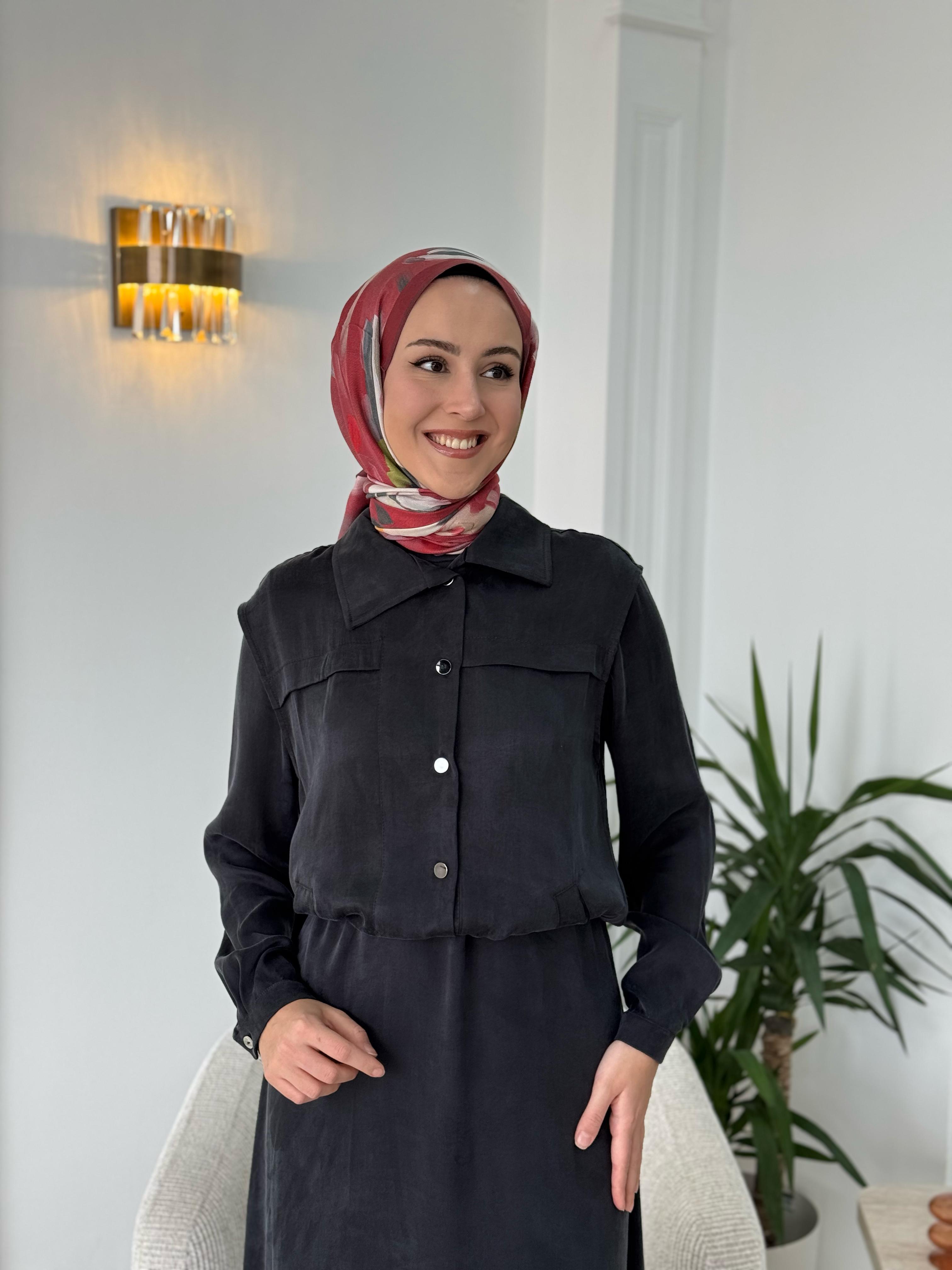 Almarwah Yelekli Cupra Elbise Siyah 202781-1