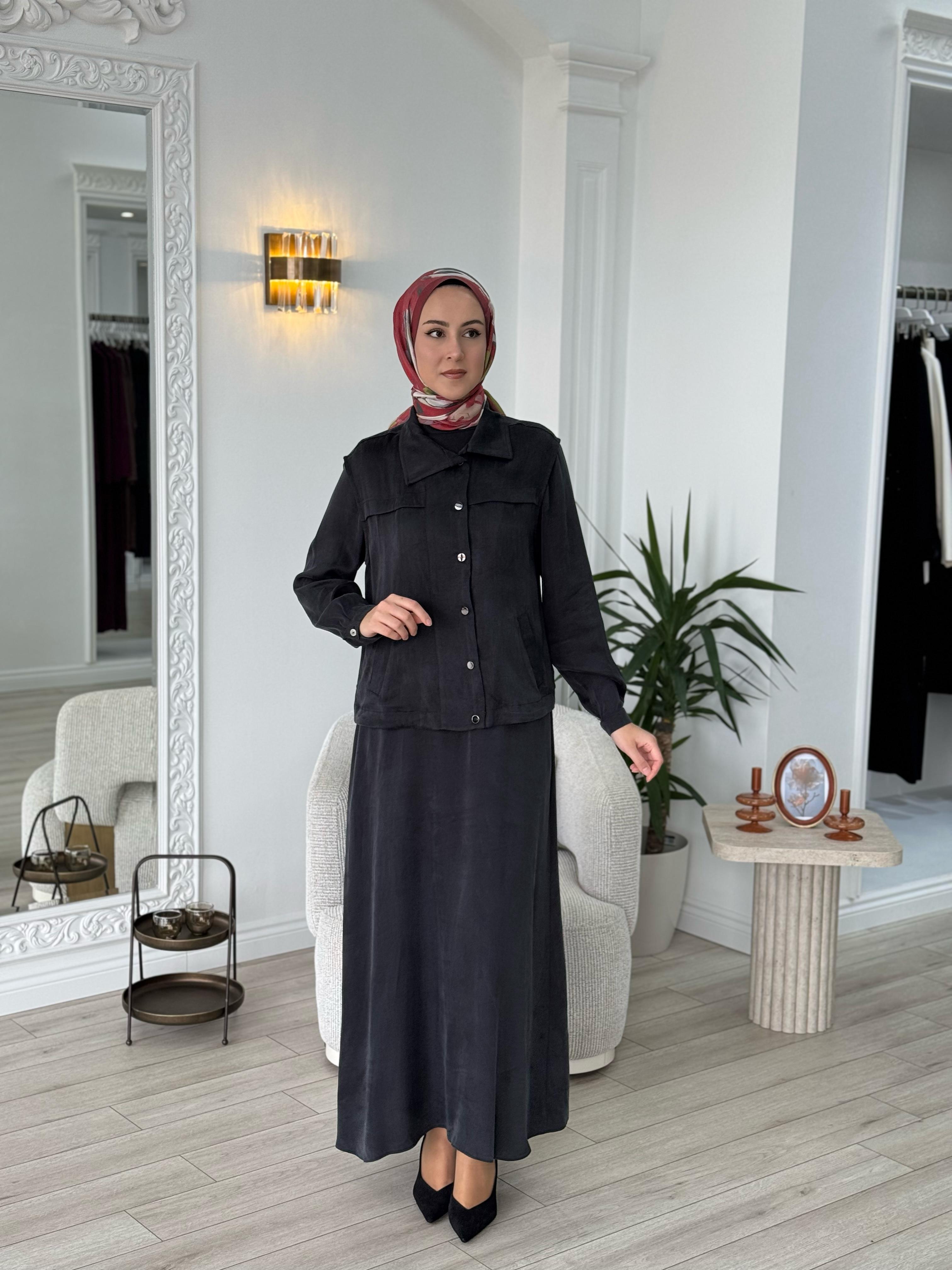 Almarwah Yelekli Cupra Elbise Siyah 202781-1
