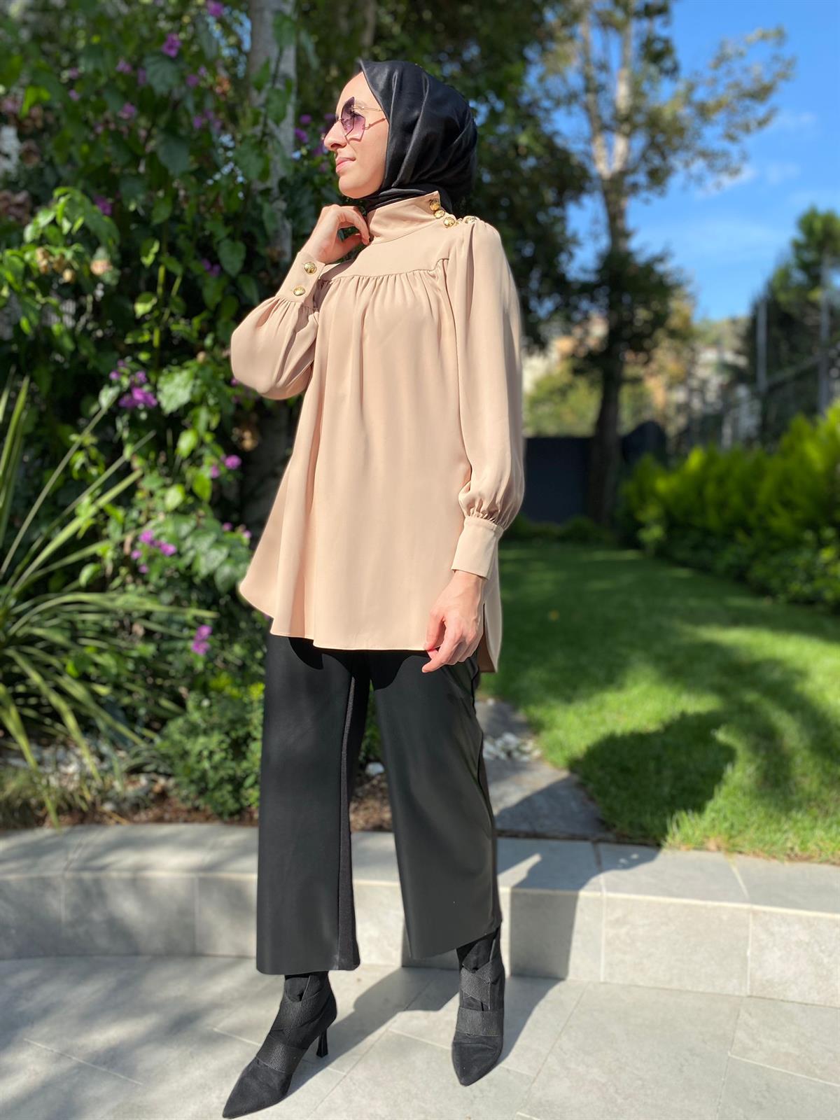 Hukka Design Omzu Düğmeli Tunik Bej 23hk1212