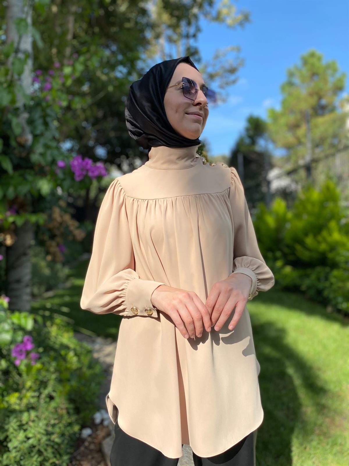 Hukka Design Omzu Düğmeli Tunik Bej 23hk1212