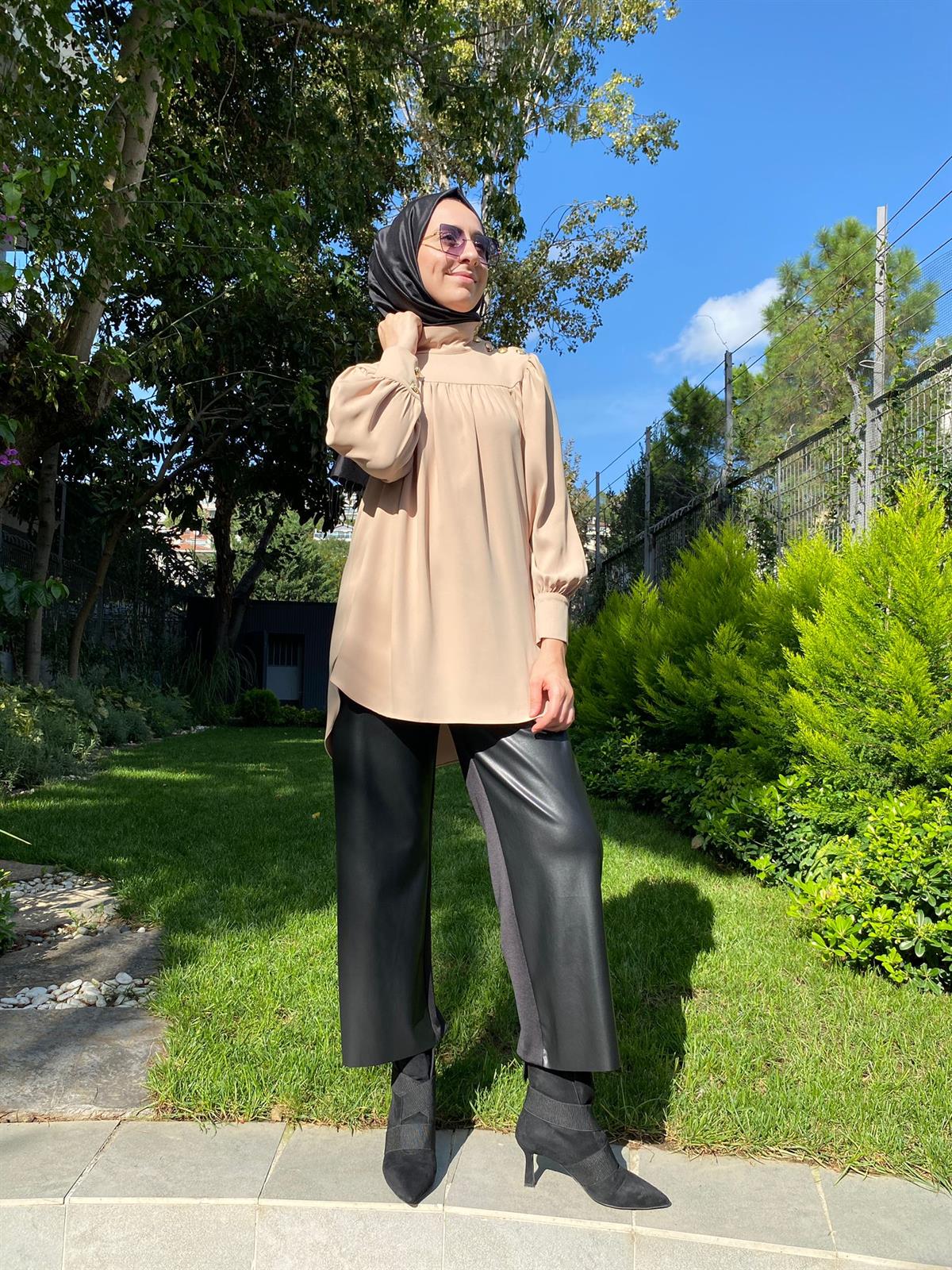 Hukka Design Omzu Düğmeli Tunik Bej 23hk1212