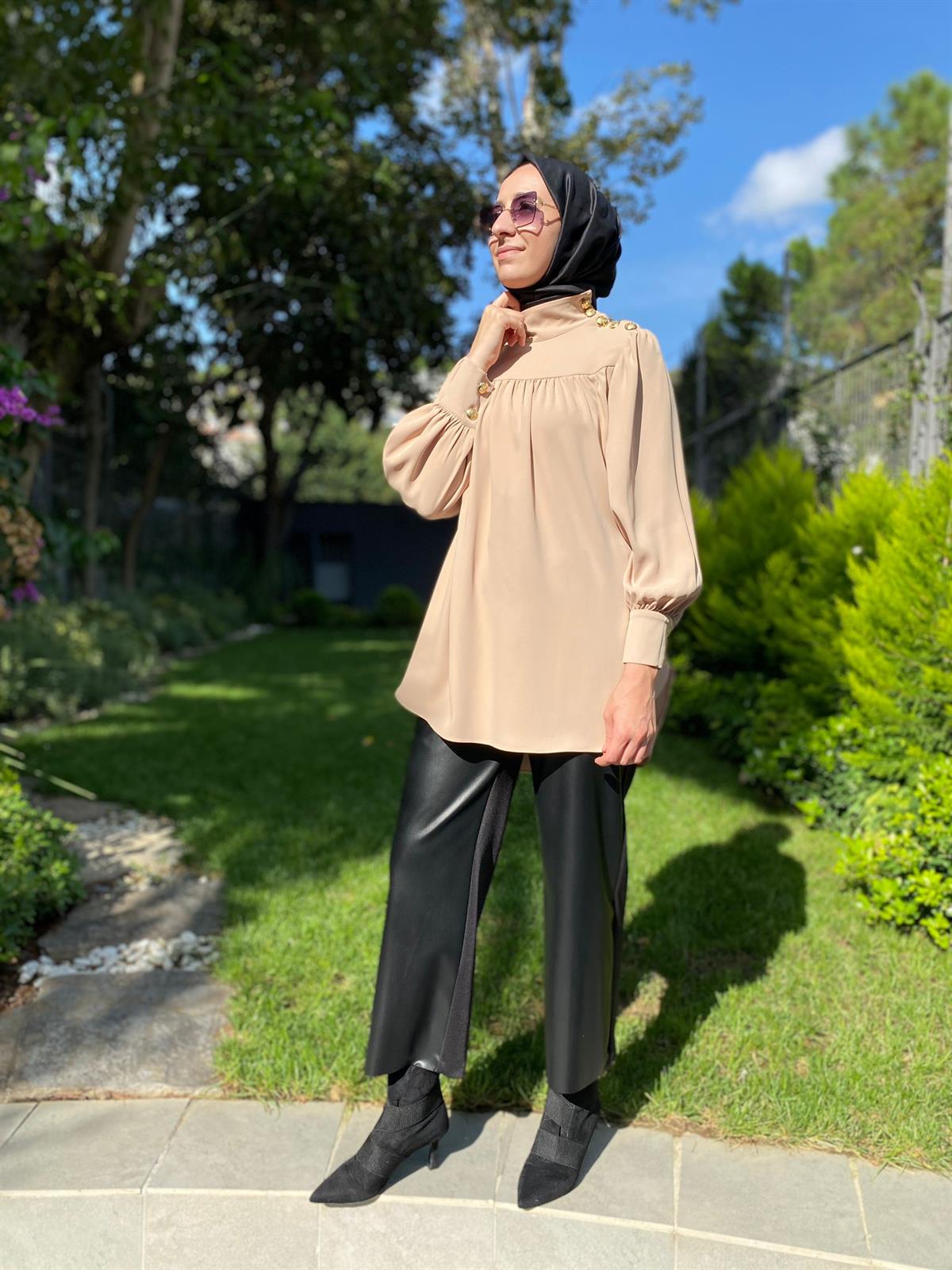 Hukka Design Omzu Düğmeli Tunik Bej 23hk1212