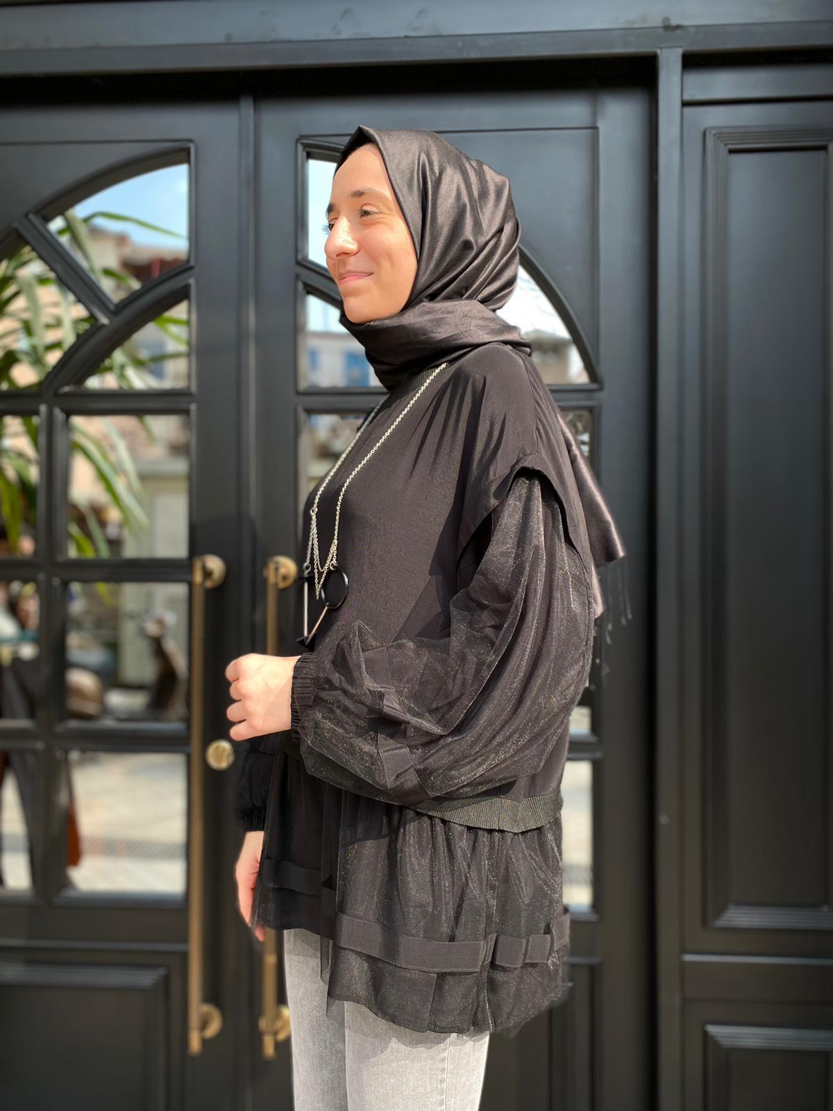 Hukka Design Organze Detaylı Siyah Tunik 23Y04B
