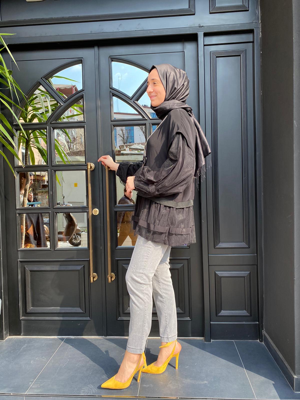 Hukka Design Organze Detaylı Siyah Tunik 23Y04B