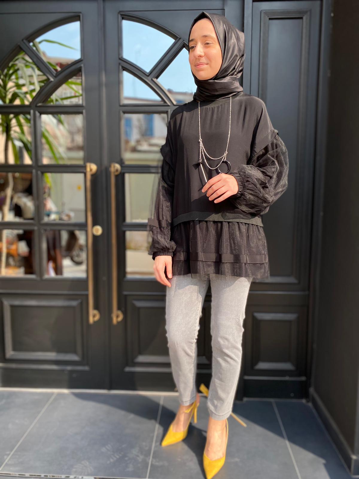 Hukka Design Organze Detaylı Siyah Tunik 23Y04B