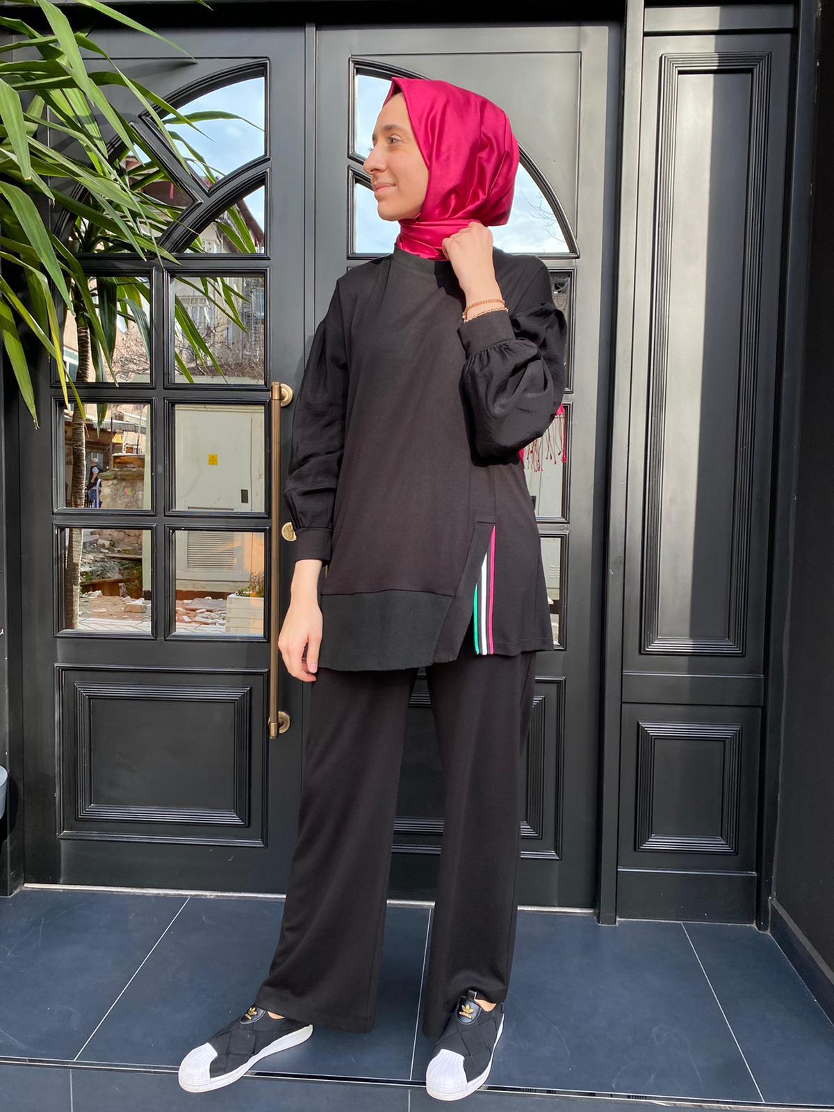 Hukka Design Şerit Detaylı Siyah Takım 23Y04B