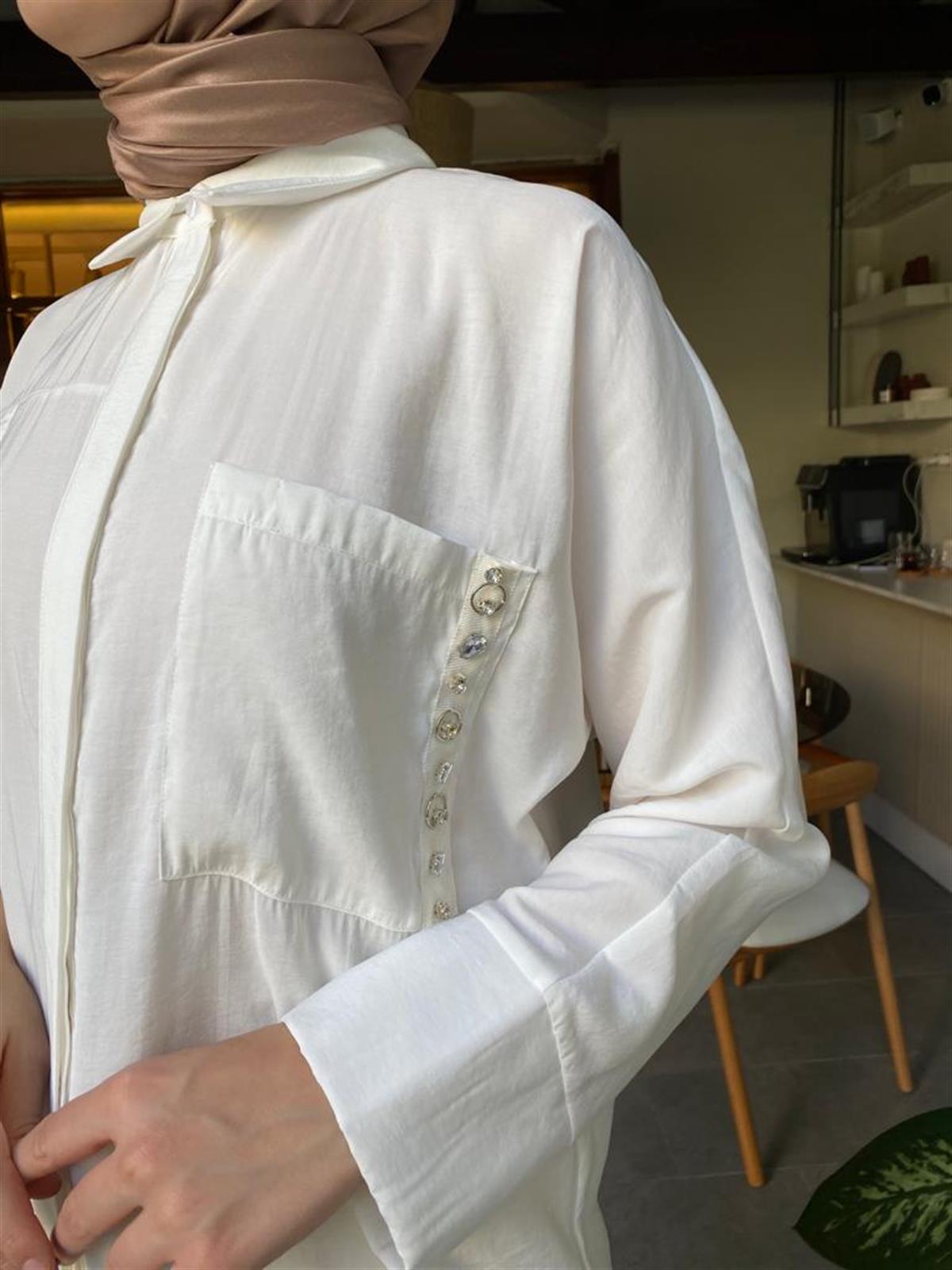 Hukka Design Taş Detaylı İpek Gömlek Ekru 23hk1130