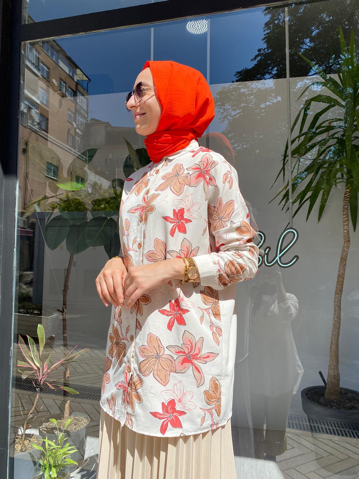 İnve Çiçekli Camel Gömlek Tunik 6909