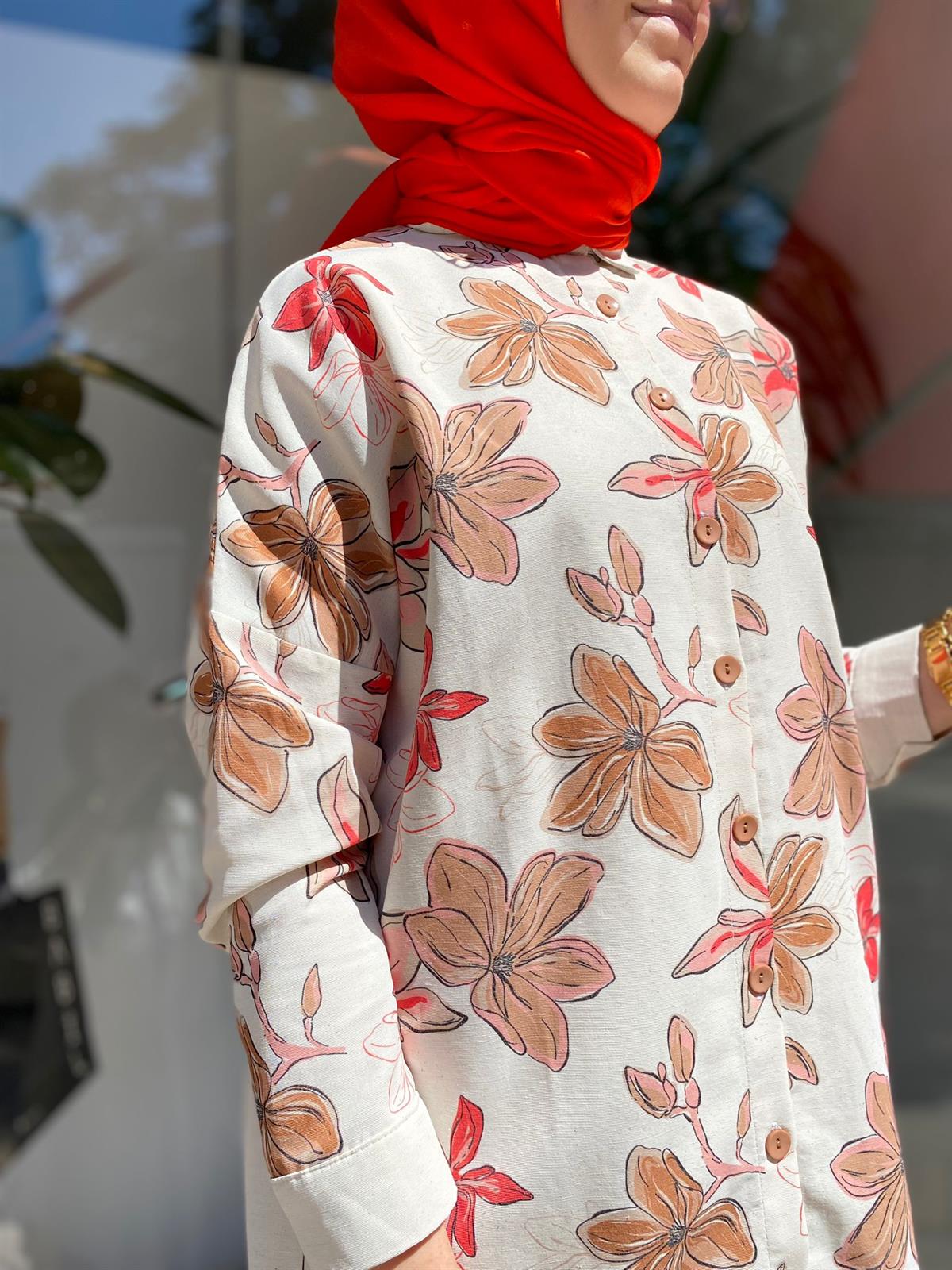 İnve Çiçekli Camel Gömlek Tunik 6909