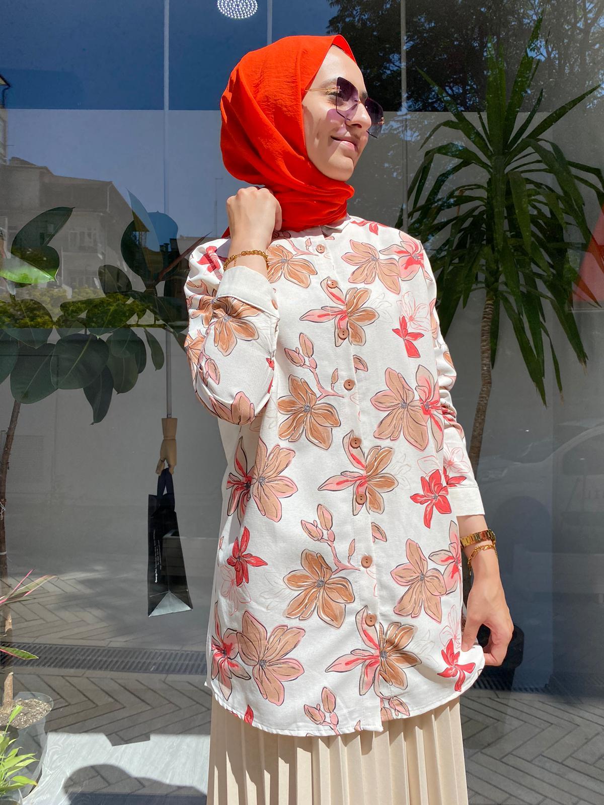 İnve Çiçekli Camel Gömlek Tunik 6909