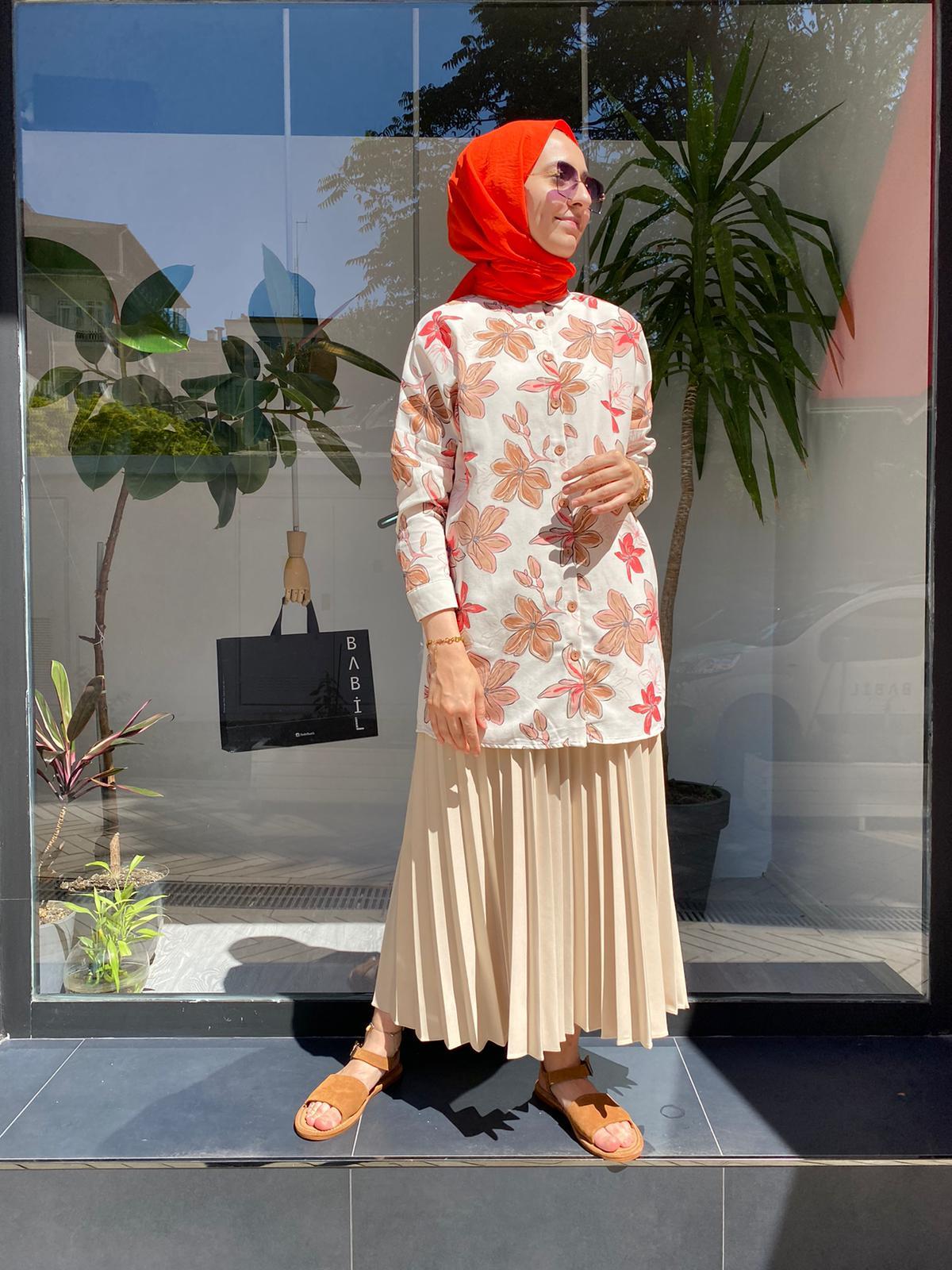 İnve Çiçekli Camel Gömlek Tunik 6909